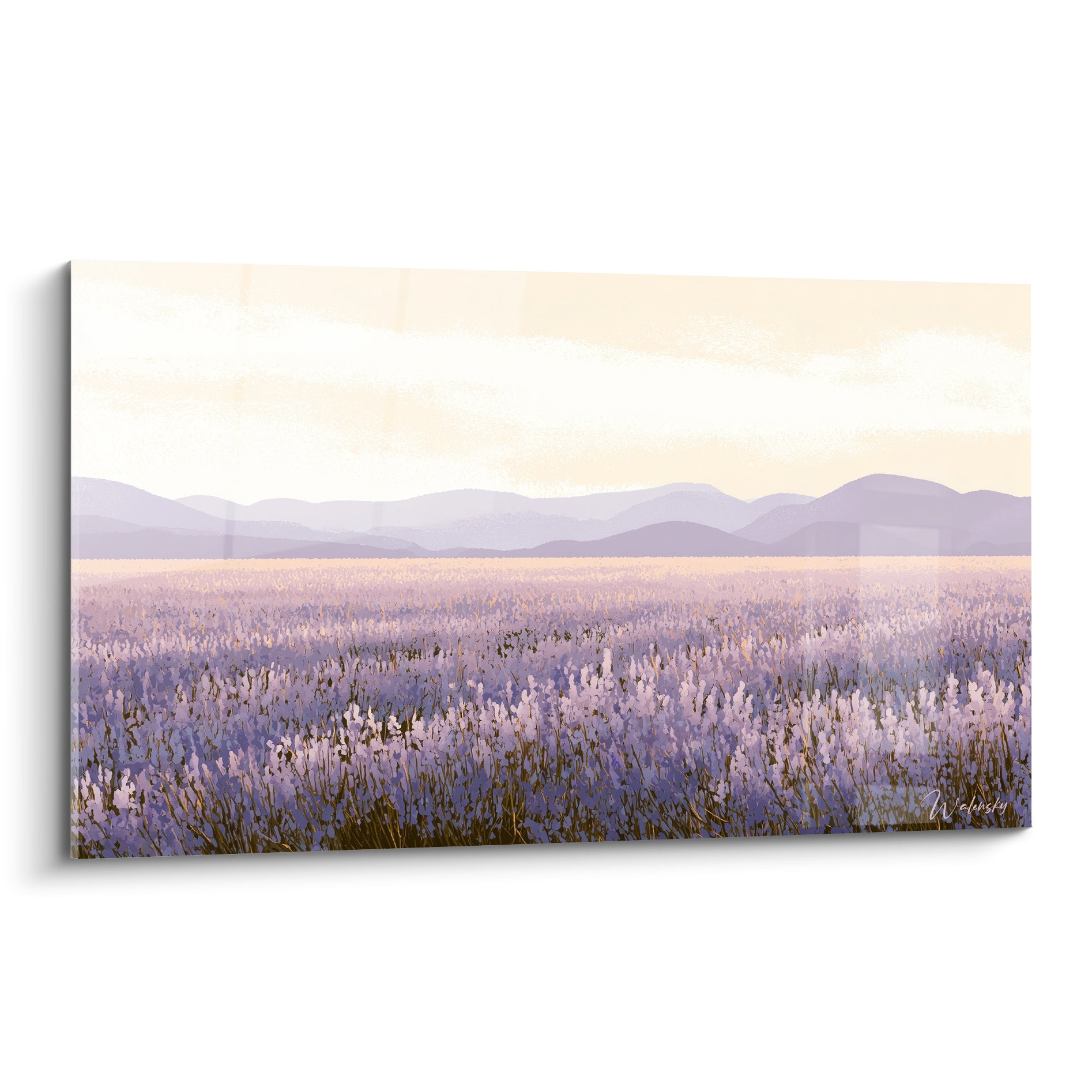 Champ de lavande mauve et lilas sous ciel crème, collines bleutées en arrière-plan, toile peinte