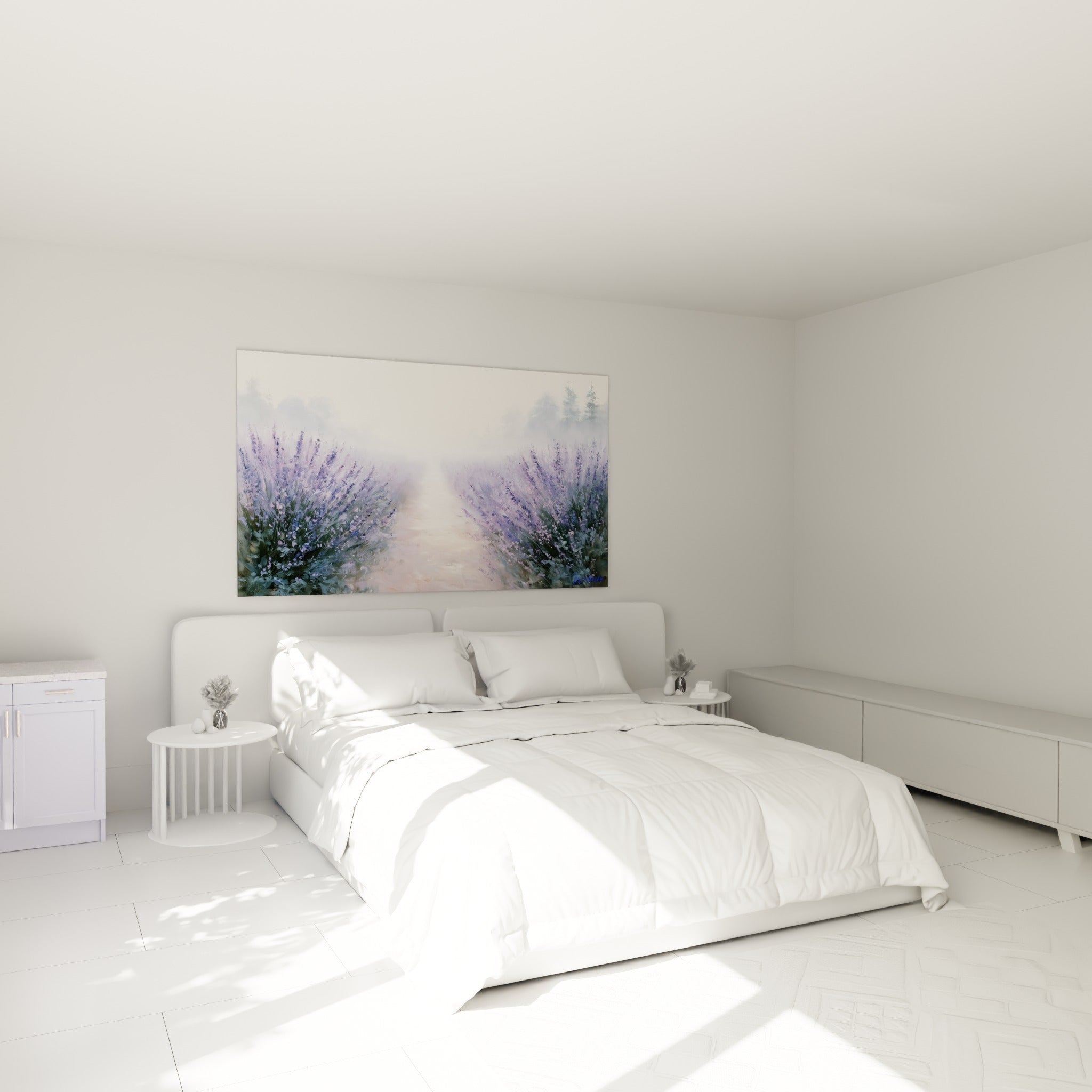 Champ de lavande mauve et beige crème accroché au-dessus d'un lit dans une chambre claire