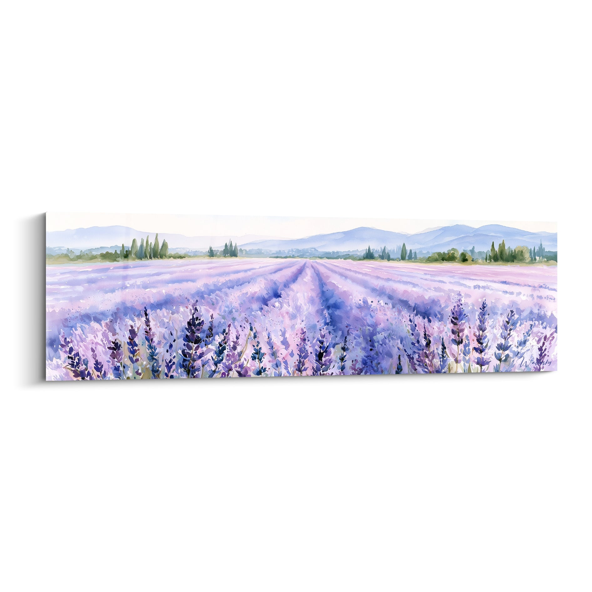 Champ de lavande violet et vert peint à l'aquarelle, rangs fleuris et collines bleutées en fond