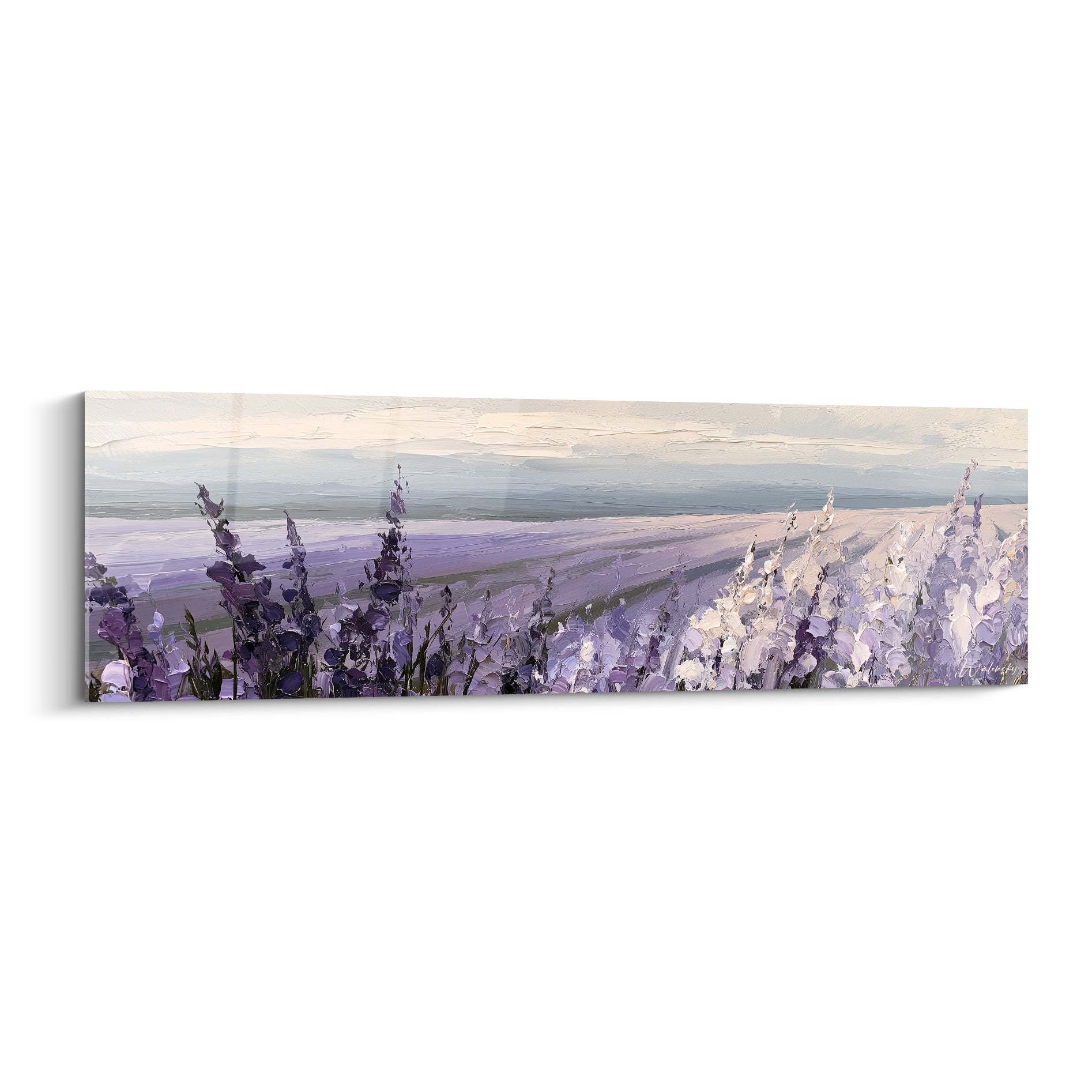Champ de lavande violet et blanc peint en touches épaisses, style impressionniste lumineux