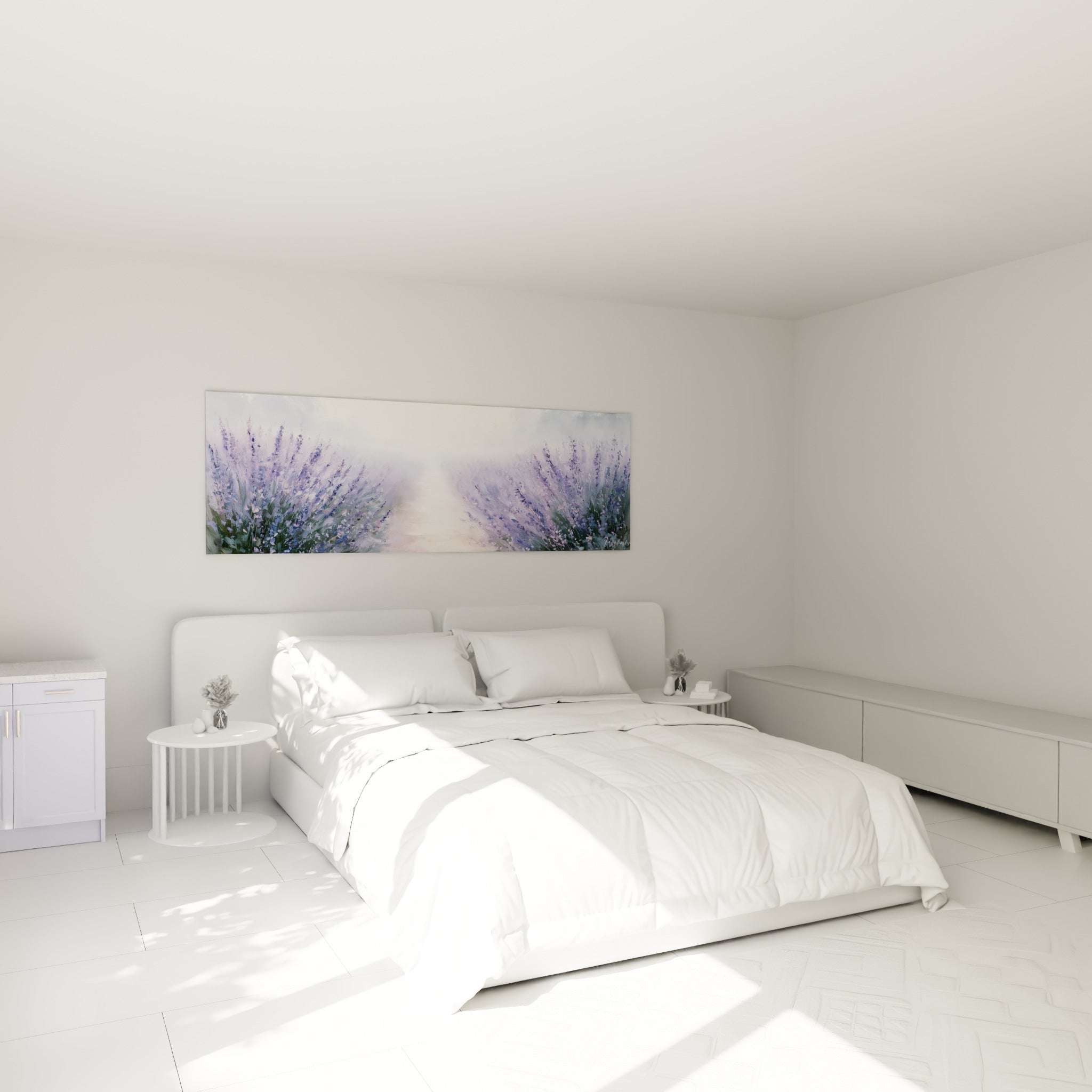 Champ de lavande mauve et vert olive, tableau Lavande au-dessus d'un lit dans une chambre claire