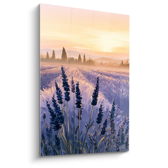 Tableau Épis indigo et champ orangé aux cyprès lointains - Rangs de cyprès brumeux - Edition Lavande