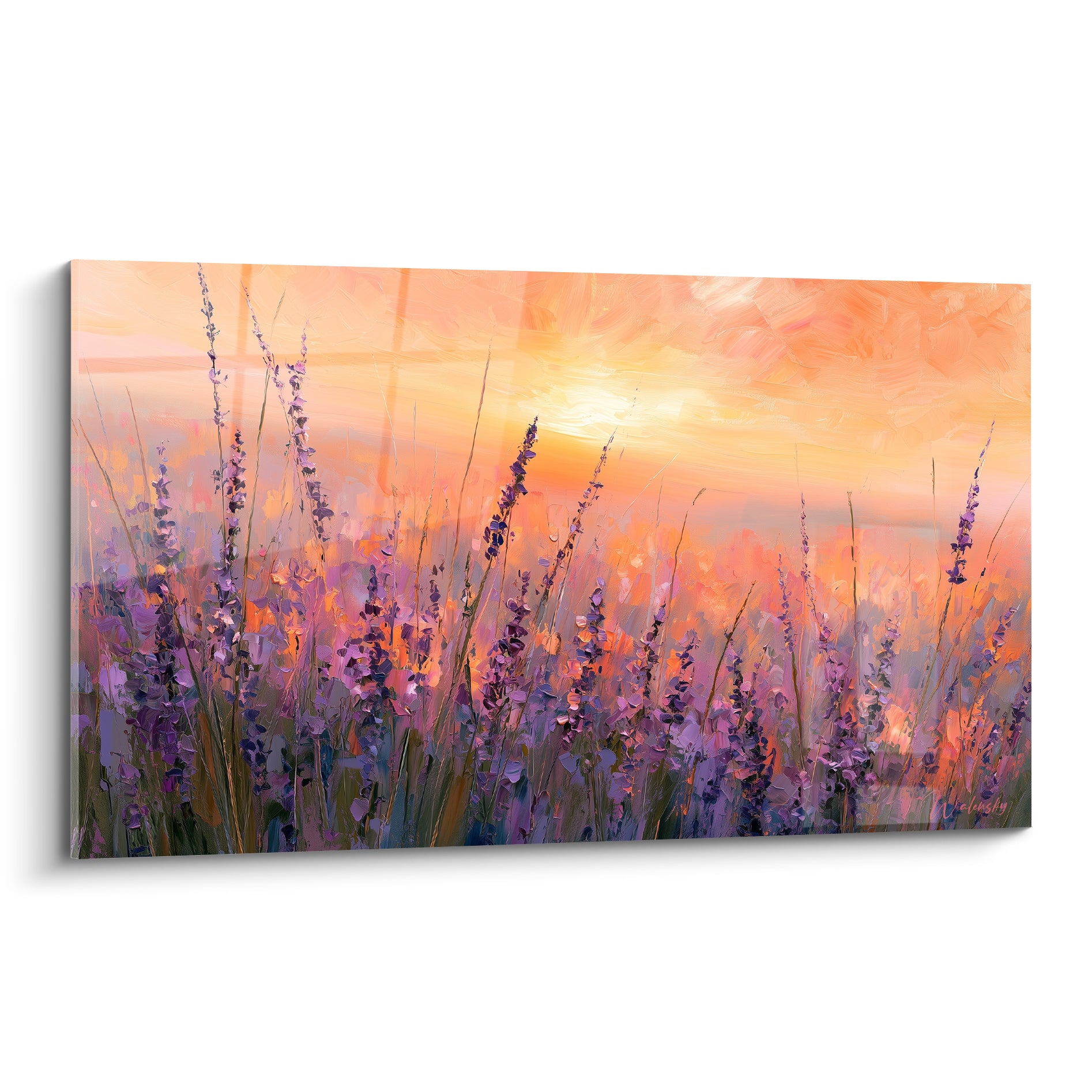 Champ de lavande violette peint au couteau sous un ciel orangé au coucher du soleil