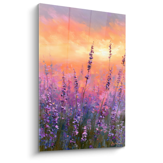 Tableau Épis violets et ciel orangé au soleil couchant - Horizon incandescent - Edition Lavande