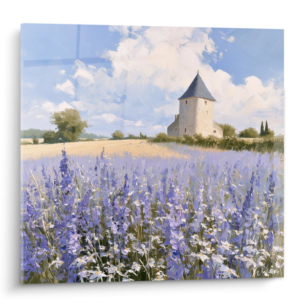 Tableau Champ violet et bleu au moulin - Sérénité champêtre - Edition Lavande