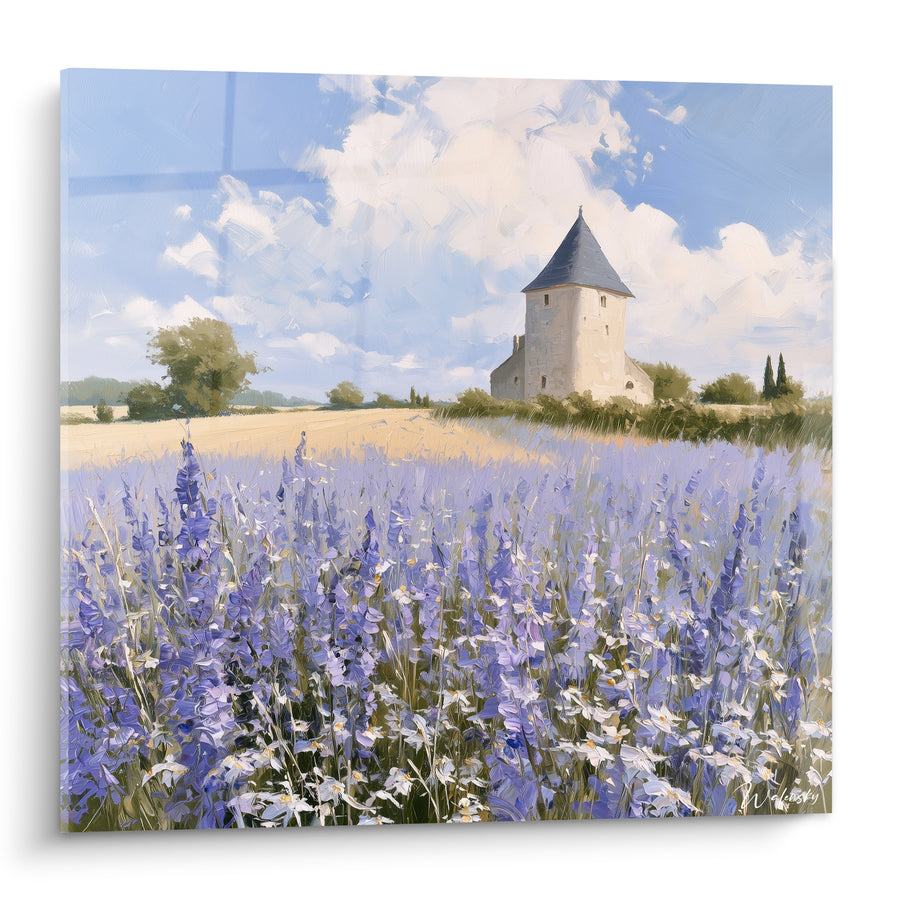 Tableau Champ violet et bleu au moulin - Sérénité champêtre - Edition Lavande