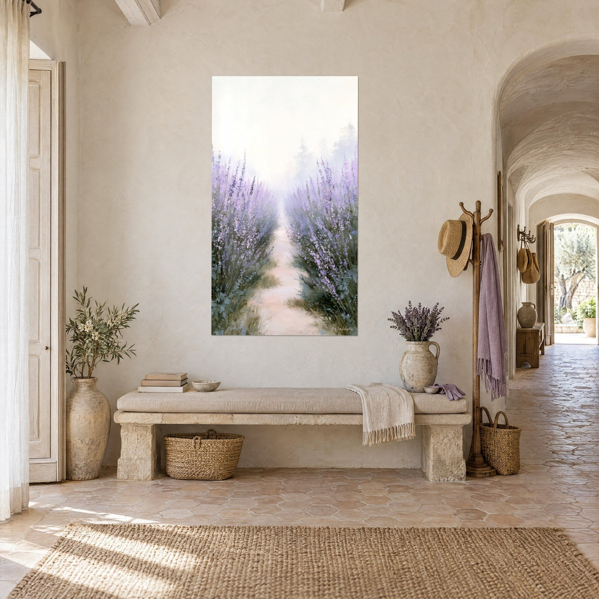 Wall art lane of violet lavender and faded grey-green foliage under a milky sky, three-quarter view, stone bench