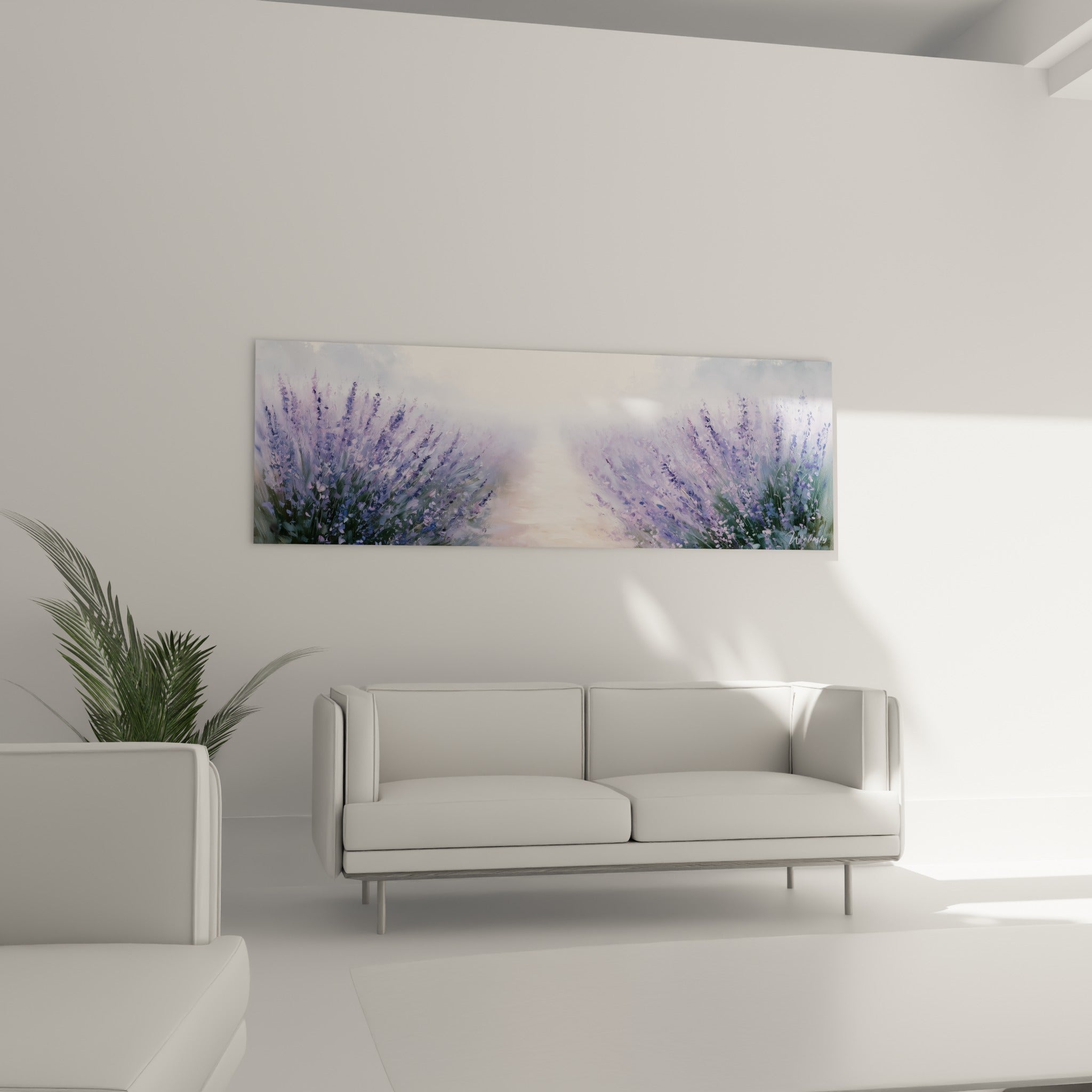 Allée de lavande violette et beige doré, tableau accroché au-dessus d'un canapé dans un salon lumineux