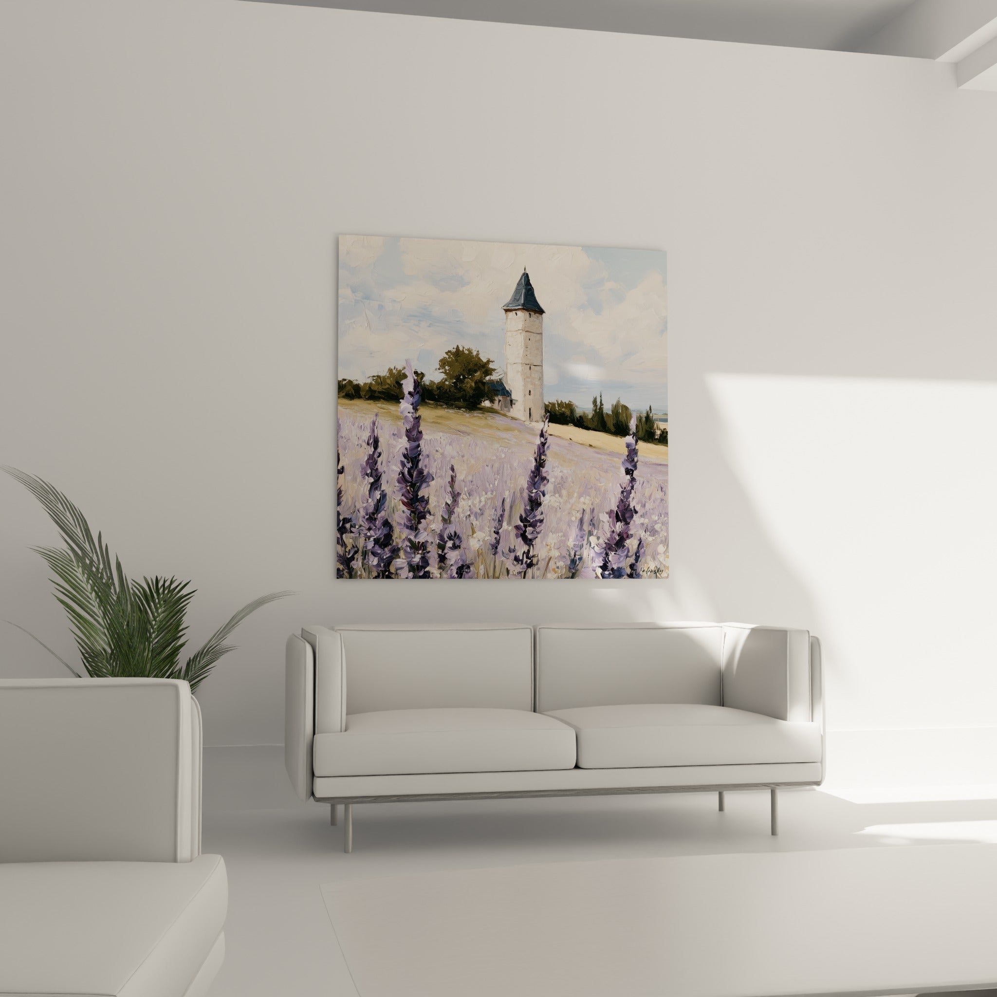 Champ de lavande mauve sous ciel bleu pastel, suspendu au-dessus d'un canapé dans un salon lumineux