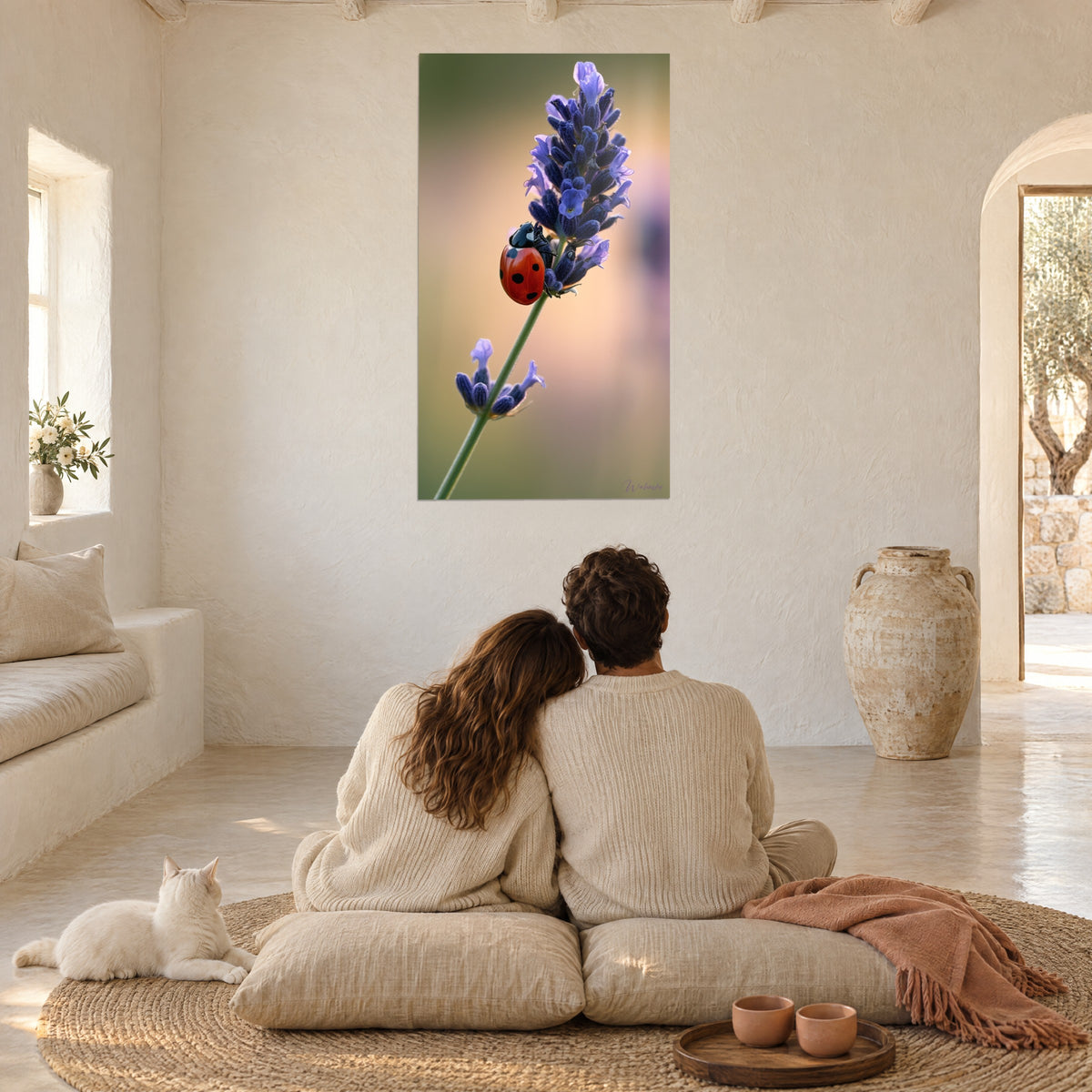 Tableau macro d'une coccinelle rouge sur épi violet, tige vert tendre, fond pêche, face à un couple et un chat blanc