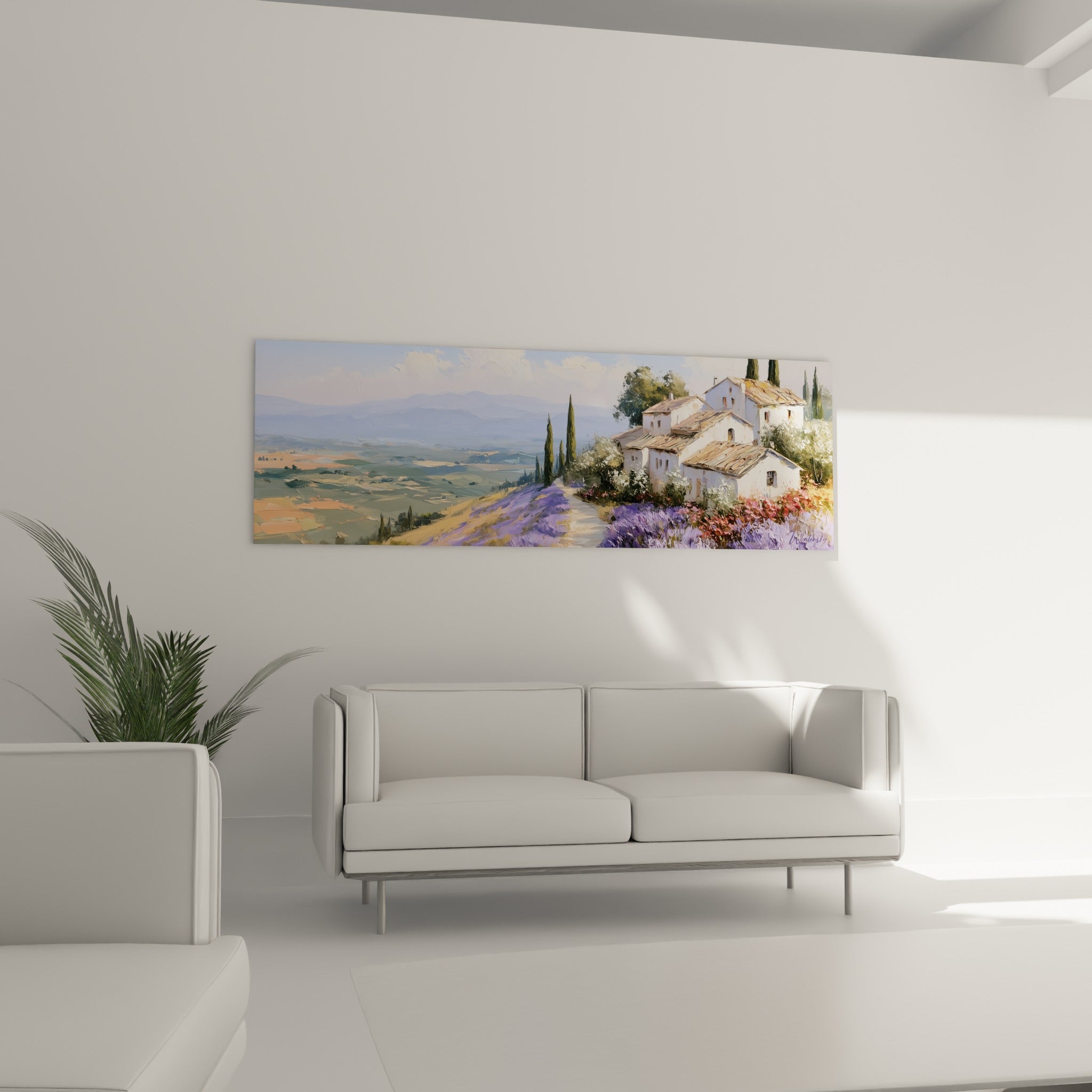 Colline provençale aux tons violet et terracotta, disposée au-dessus d'un canapé dans un salon lumineux.