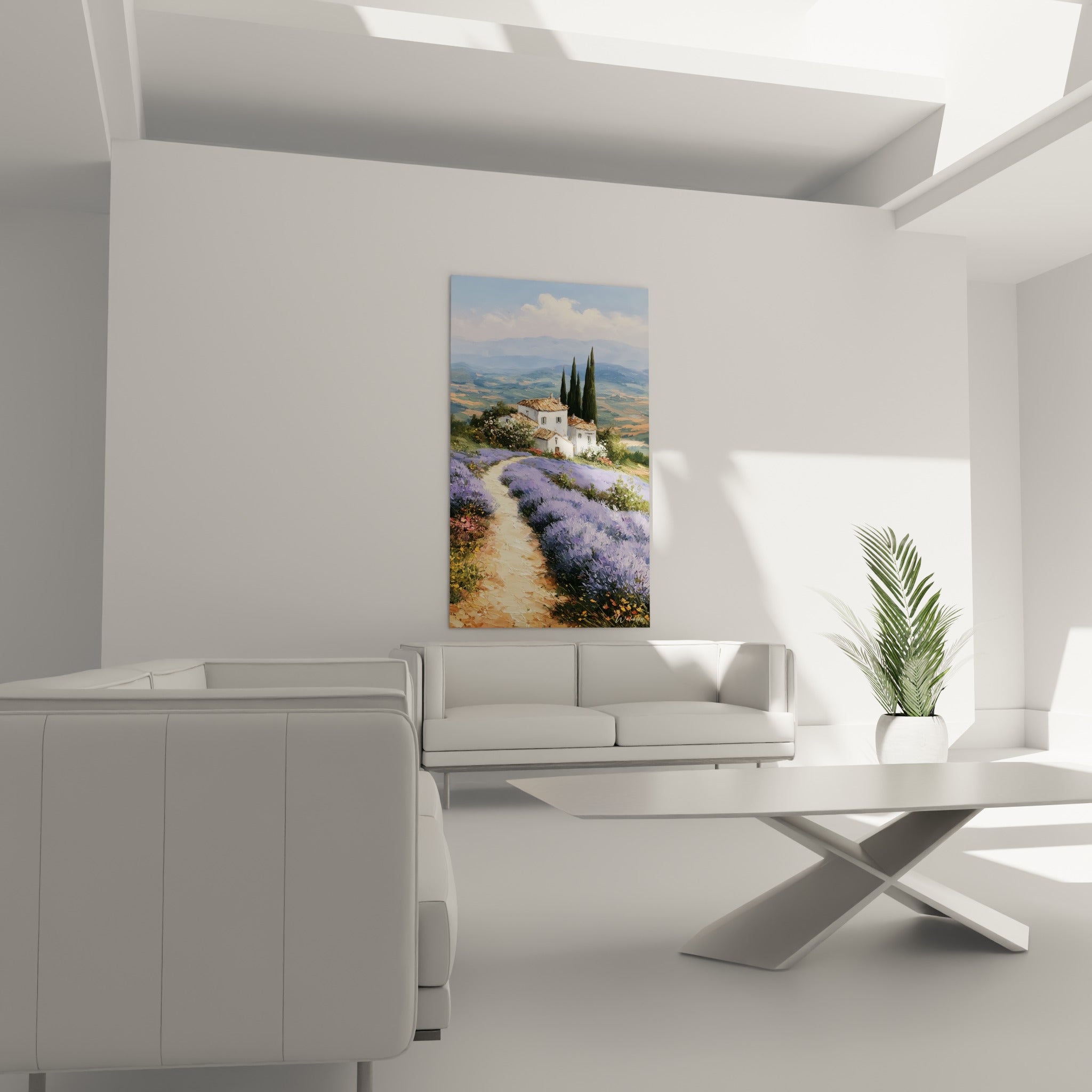 Cyprès verts et mas blanc dominant des champs violets, au-dessus d'un canapé dans un salon lumineux