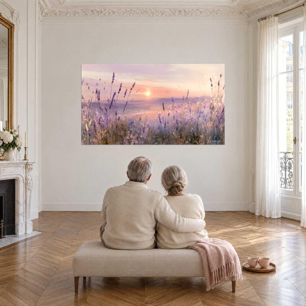 Cuadro lavandas doradas y sol naciente, neblina rosa y violeta sobre las colinas, pareja de espaldas sentada frente a la pared