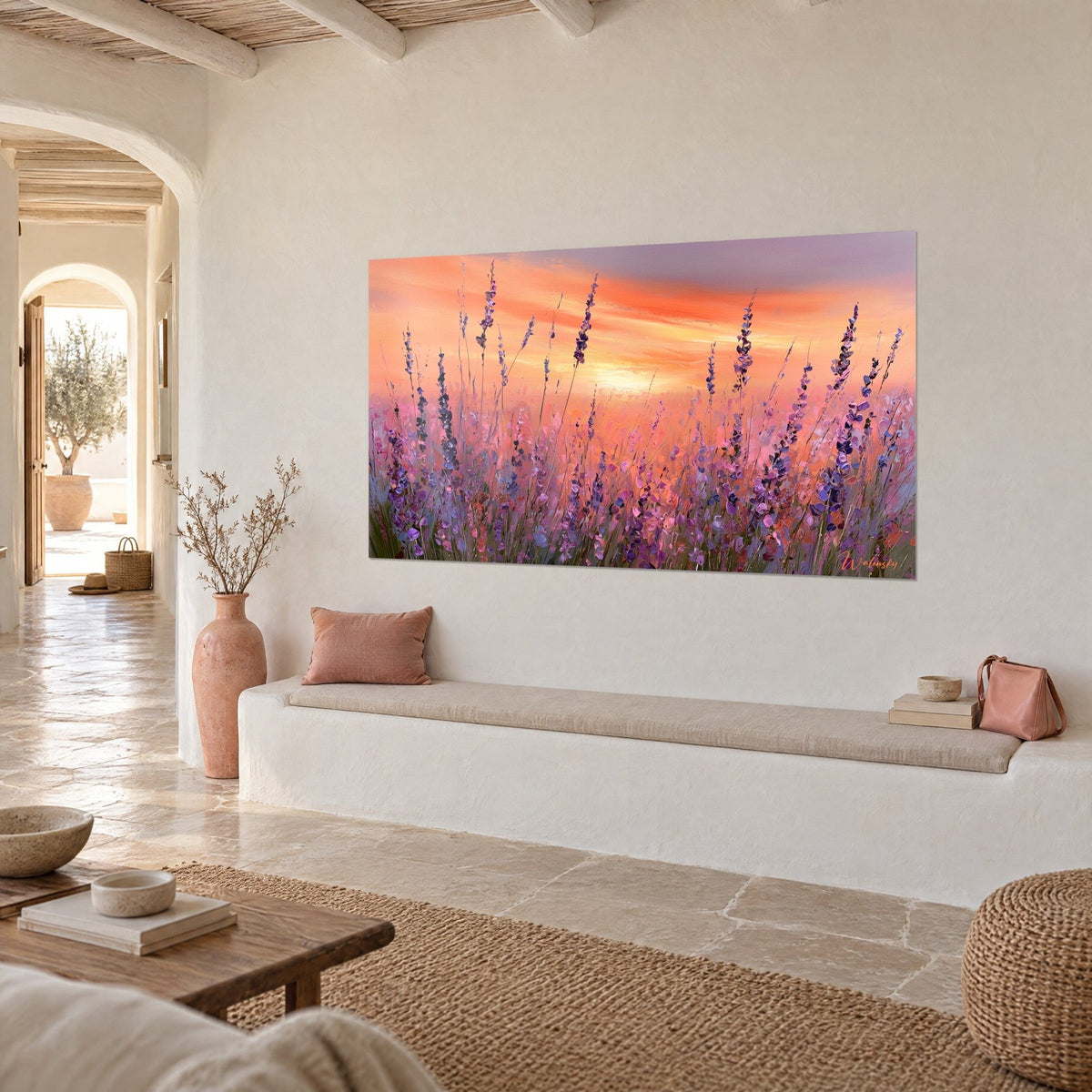 Wall art purple and lilac lavender spikes rising toward an apricot sky, low soft-focus sun, three-quarter view in a Mediterranean living room