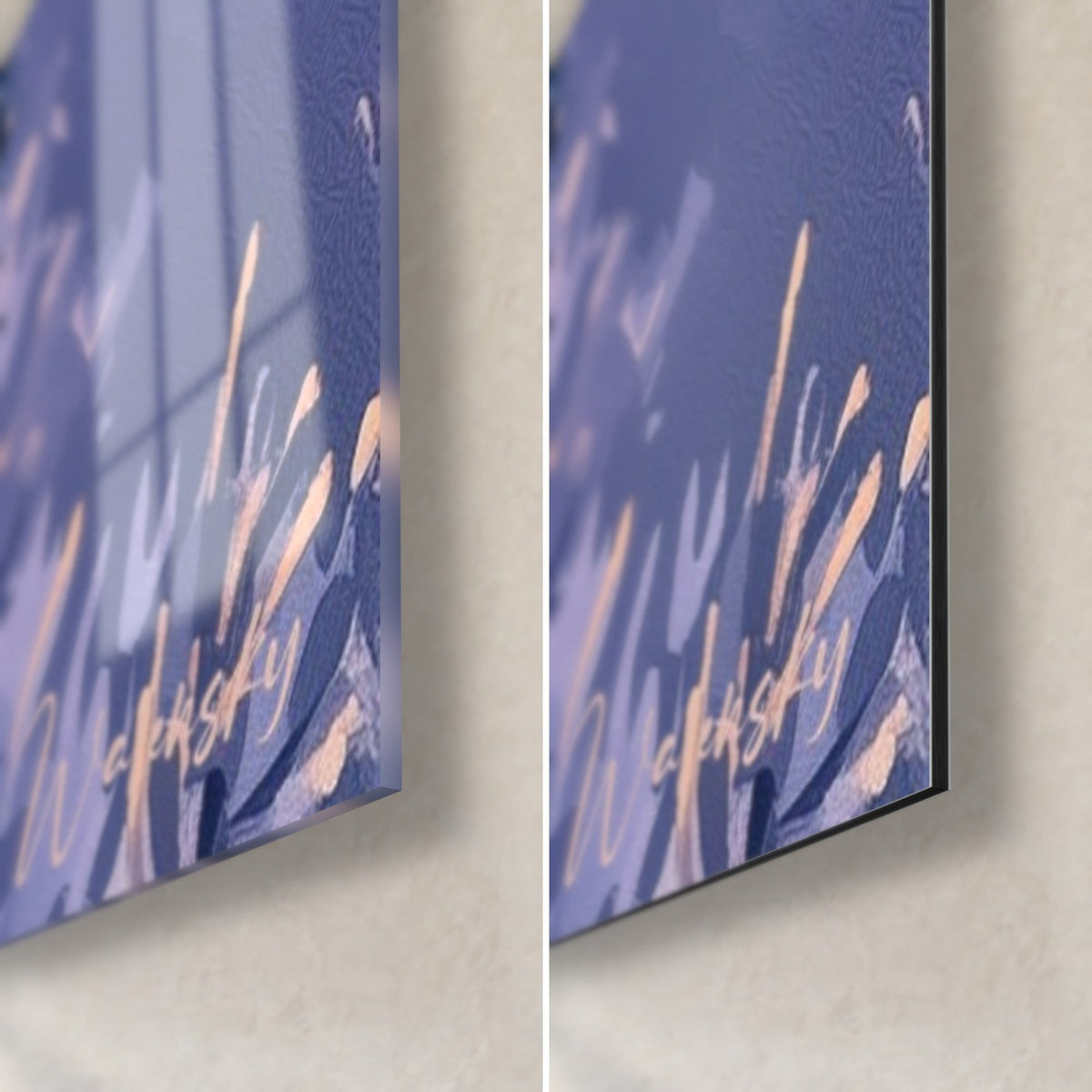 Quadro spighe di lavanda blu notte con riflessi pesca, angolo in basso a destra: vetro acrilico lucido a sinistra, Dibond opaco a destra