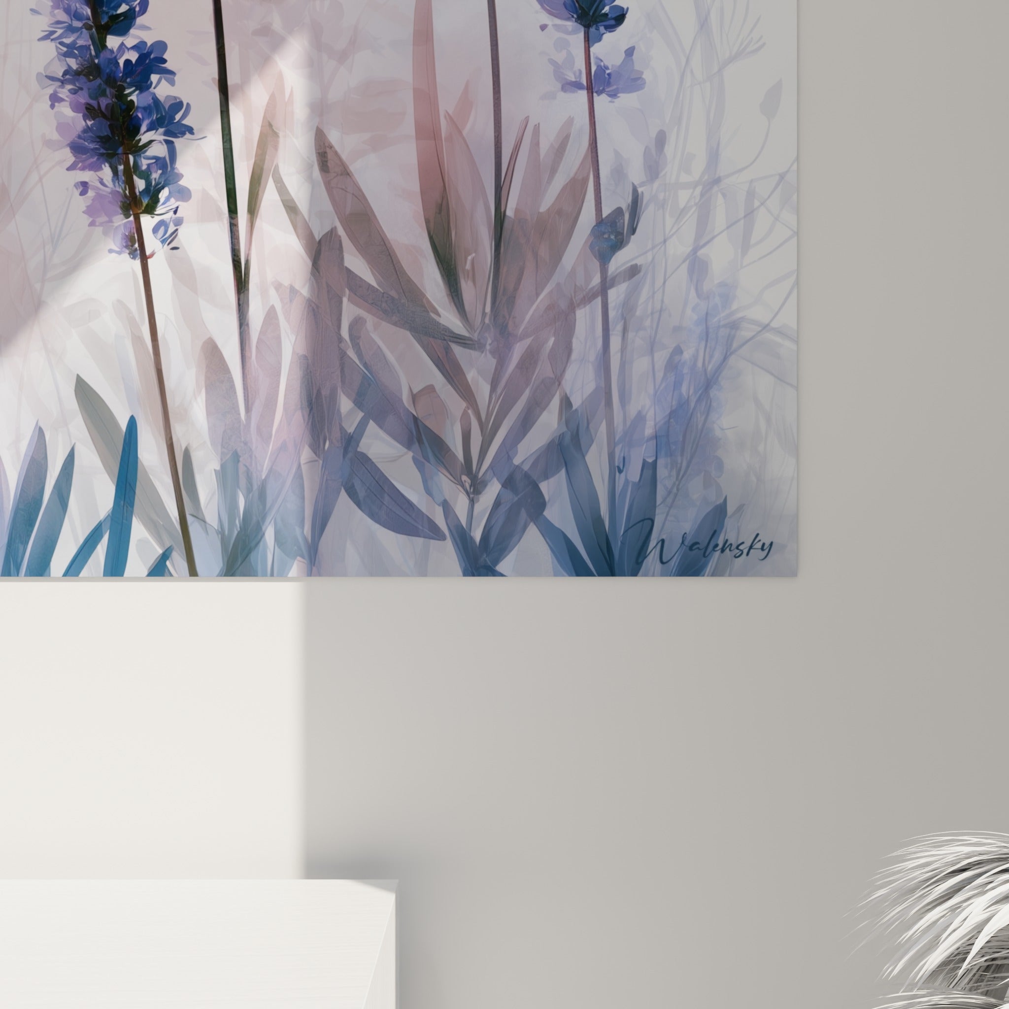 Détail des empâtements violet profond et bleu marine sur les épis de lavande, grain aquarelle visible