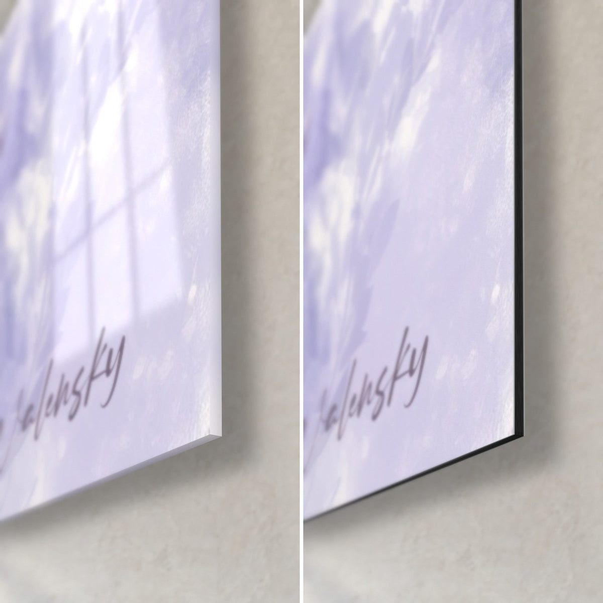 Gemälde Lavendel in Aquarelltechnik, untere rechte Ecke: glänzendes Acrylglas mit Spiegelungen links, mattes weißes Dibond und 3 mm schwarze Kante rechts