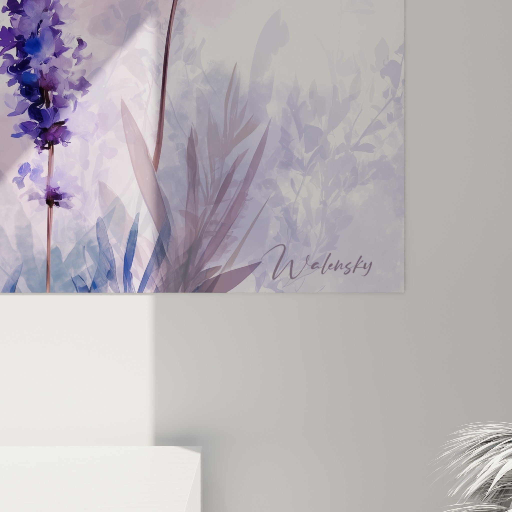 Détail des épis de lavande violette révélant les touches d'aquarelle et le grain délicat de la toile