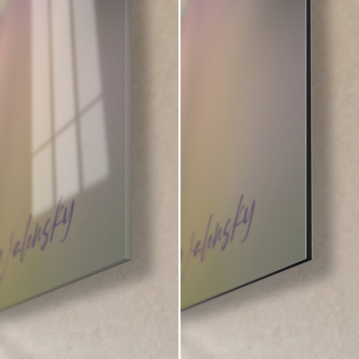 Gemälde Marienkäfer auf Lavendel, untere rechte Ecke: glänzendes Acrylglas mit Spiegelung des Fensters, mattschwarzes Dibond, 3 mm Kante