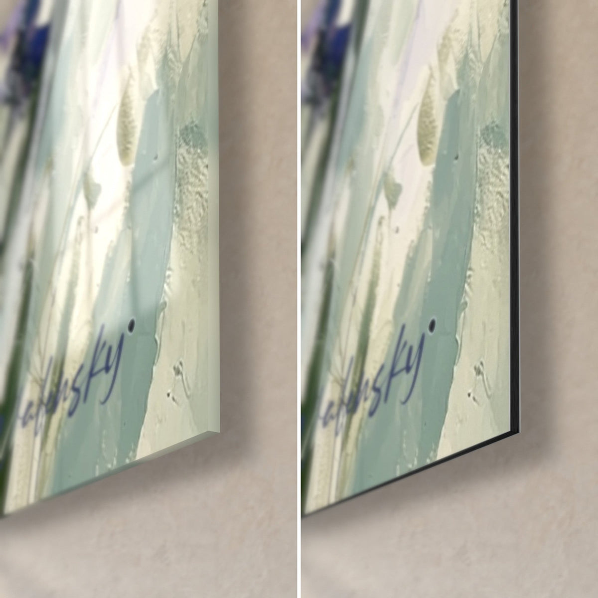 Wall art of purple lavender spikes, bottom right corner: glossy acrylic glass on the left, matte Dibond aluminium on the right, 3 mm black edge
