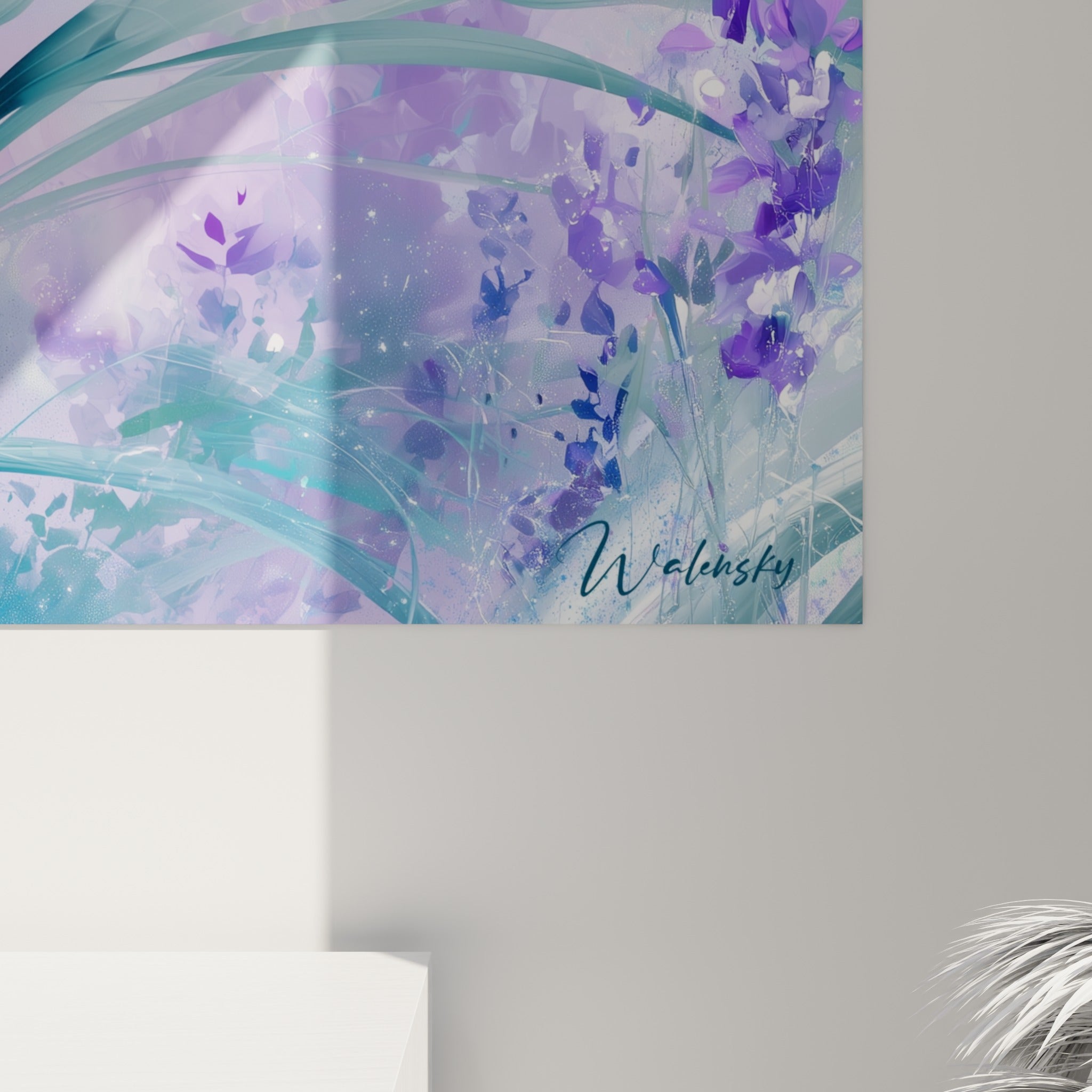 Détail des touches violettes et turquoise, empâtements fins et éclats blancs de la lavande peinte
