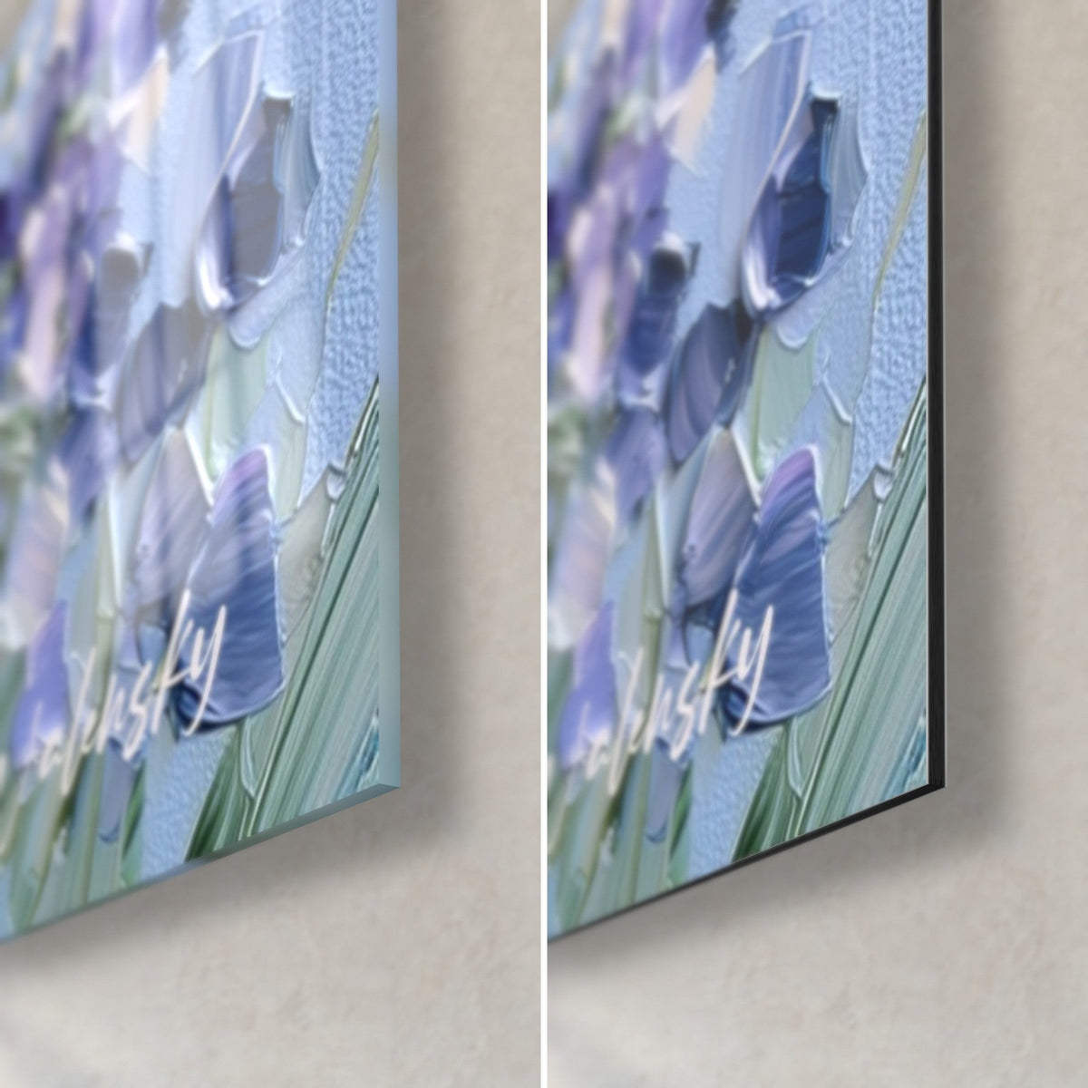 Gemälde Lavendelfeld, untere rechte Ecke: glänzendes Glas links, mattes Dibond rechts, violette und himmelblaue Blütenblätter
