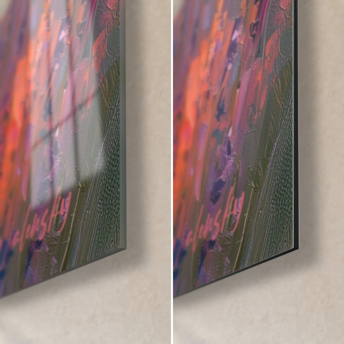Quadro lavanda dipinta a spatola, angolo in basso a destra: vetro lucido che riflette i viola, Dibond nero opaco, spessore 3 mm
