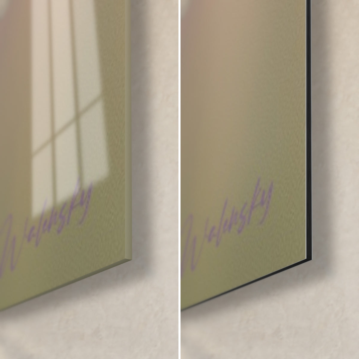 Tableau bête à bon Dieu rouge et lavande bleutée, coin bas droit : verre acrylique brillant à gauche, Dibond noir mat à droite