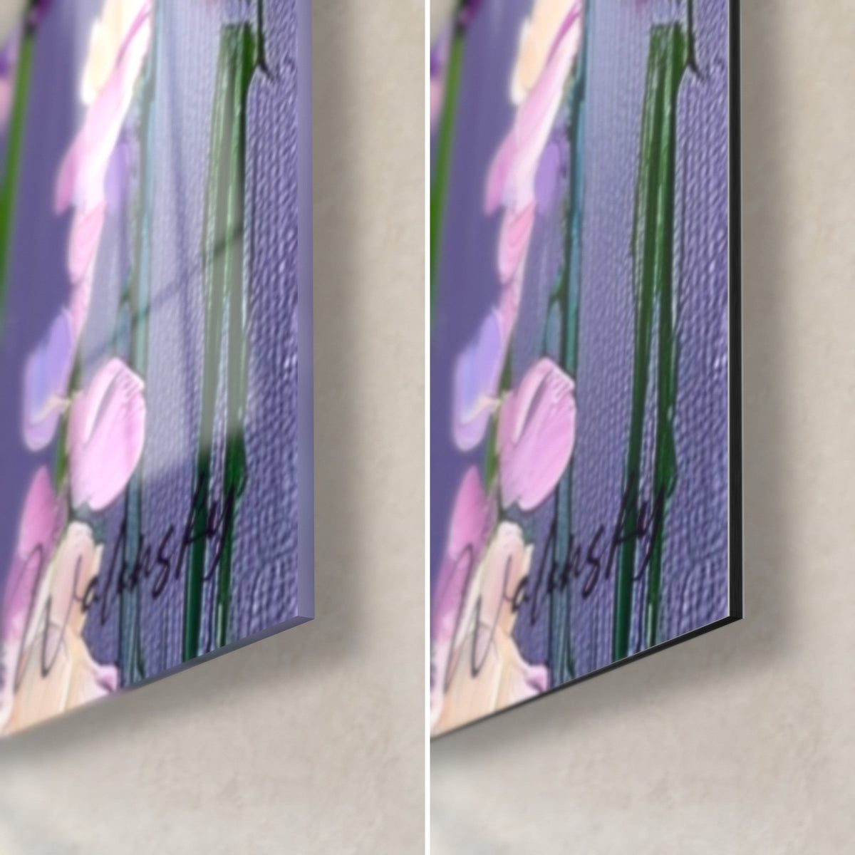 Gemälde Duftwicken-Blütenblätter in Flieder und Rosa im Relief, untere rechte Ecke, schwarze 3-mm-Kante, glänzendes Glas und mattes Dibond