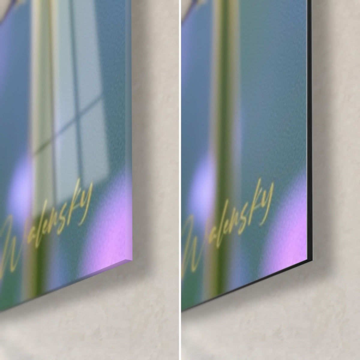 Gemälde violetter Lavendel und unscharfe gelbe Hummel, untere rechte Ecke aus glänzendem Glas und mattem Dibond-Aluminium, 3 mm Stärke