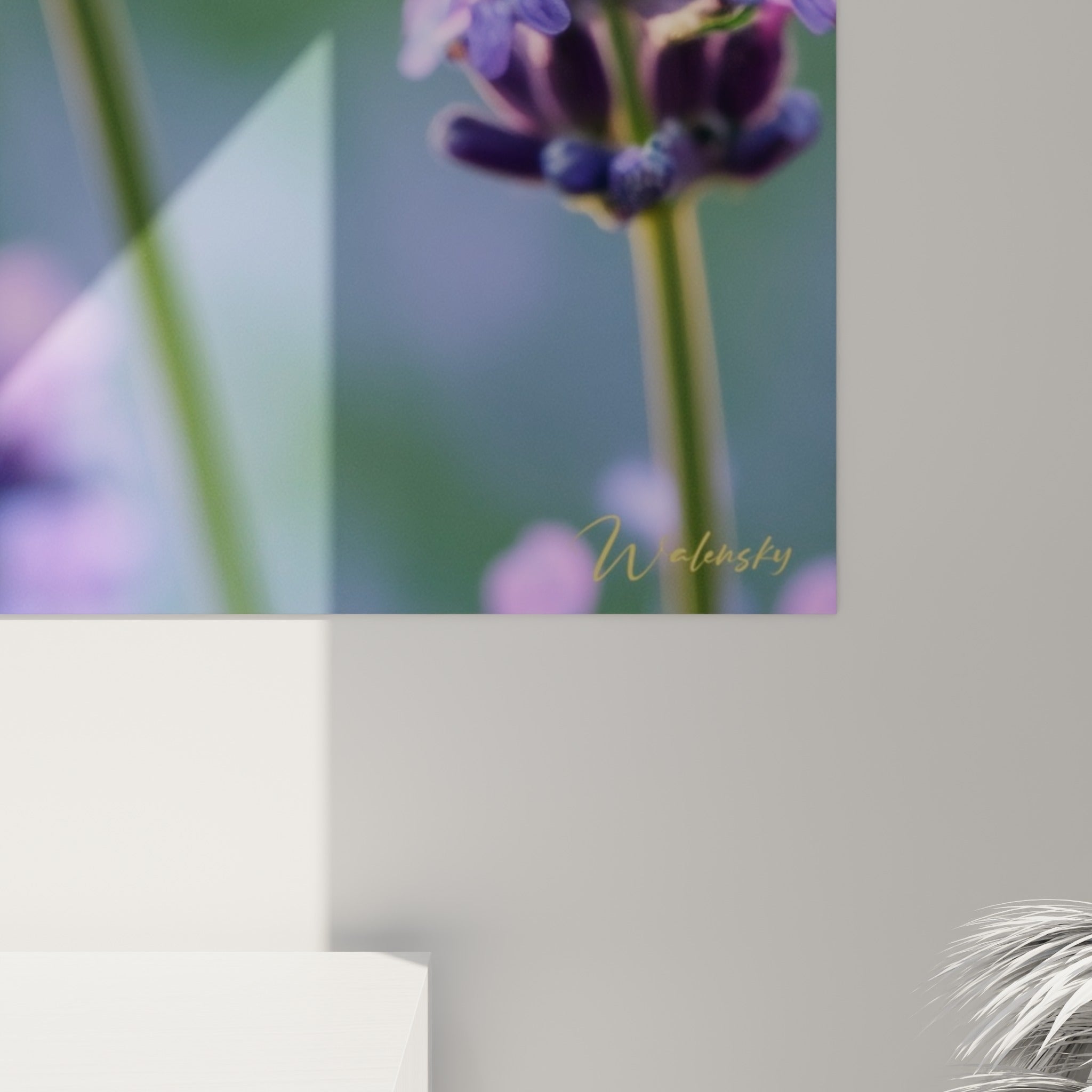 Grain de l'impression révélant les nuances violettes et dorées des épis de lavande en gros plan