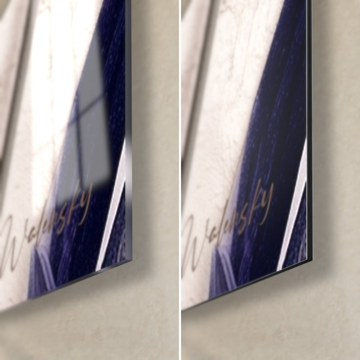 Gemälde Lavendelzweige in Violett auf Creme, untere rechte Ecke: glänzendes Acrylglas links, mattes Dibond rechts, 3 mm Kante