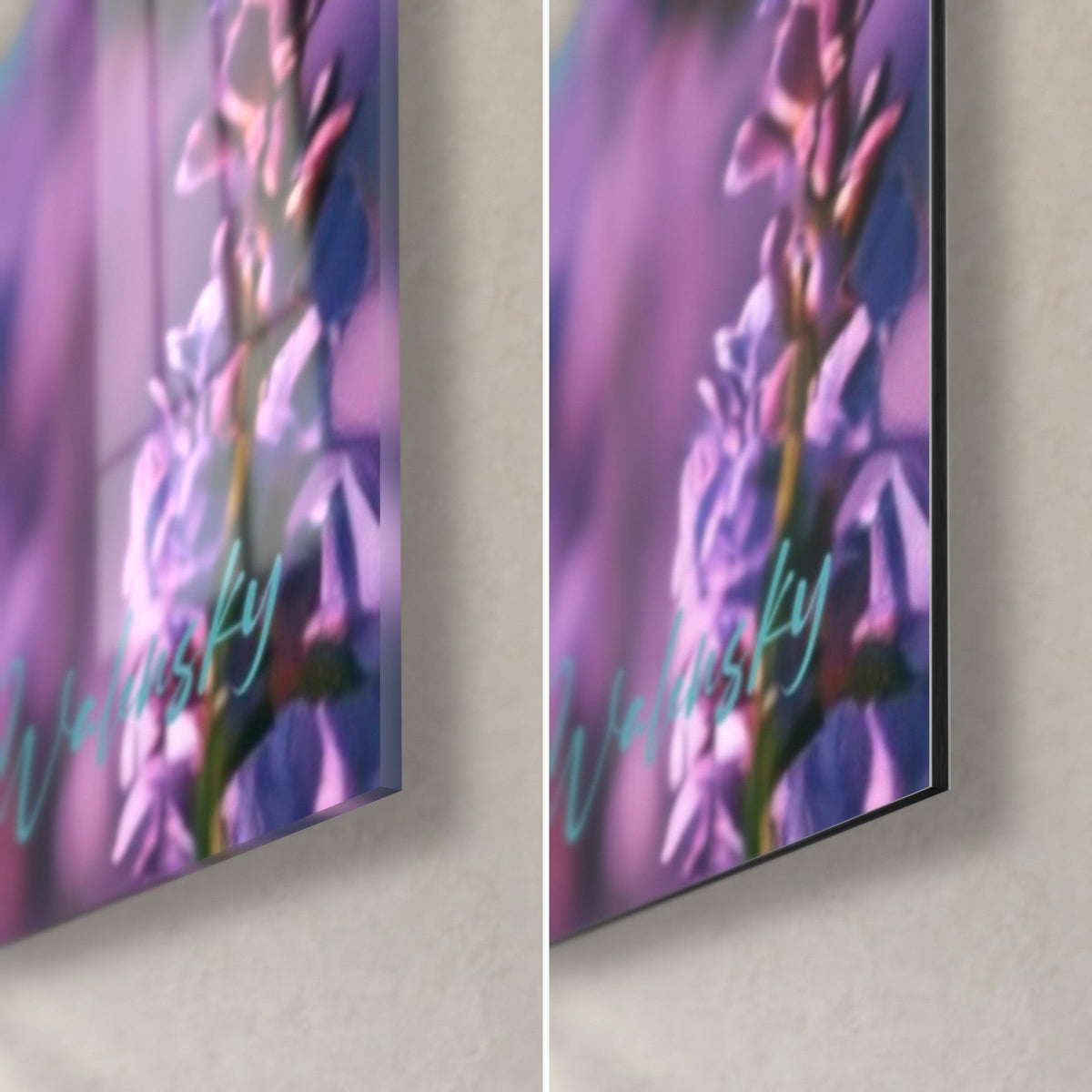 Wall art lavender panoramic, bottom right corner: glossy acrylic glass on the left, matte Dibond aluminium on the right, deep violet, 3 mm edge