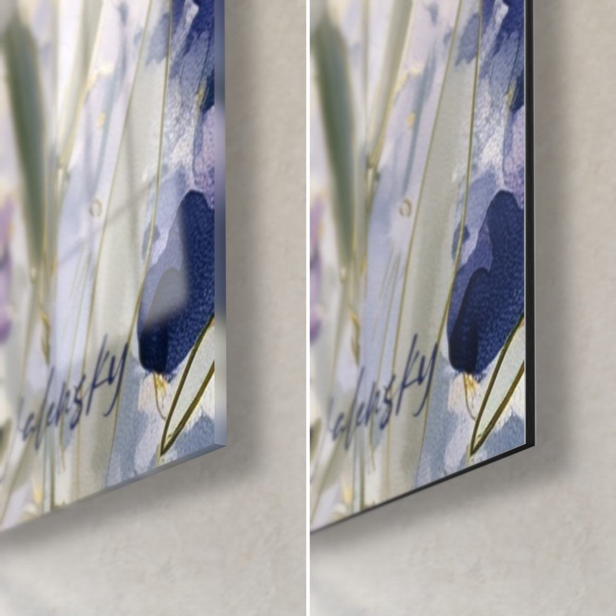 Quadro fiori di lavanda blu notte e lilla, firma Walensky, angolo in basso a destra: vetro lucido a sinistra, Dibond nero opaco a destra