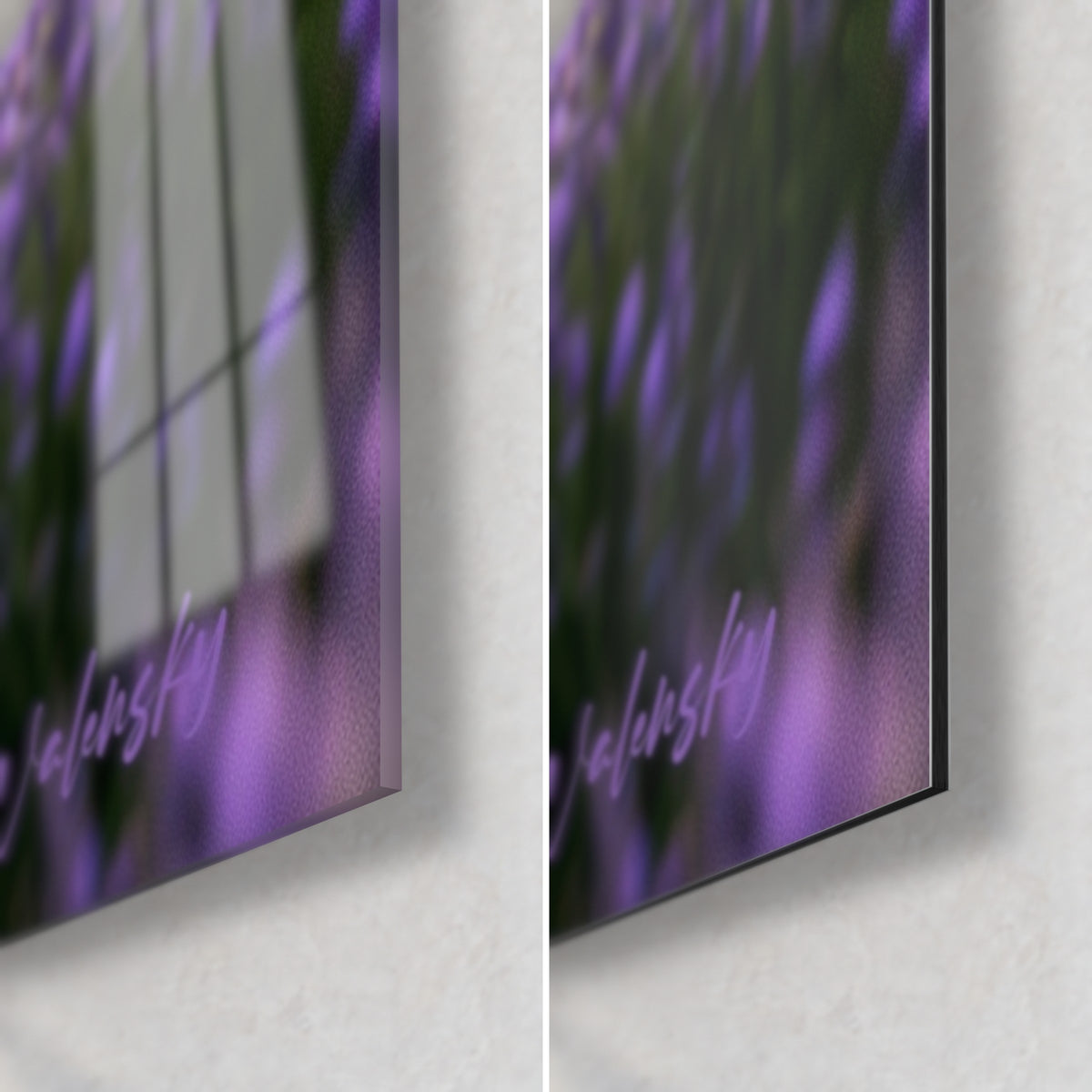 Wall art white geese in lavender, bottom right corner: glossy glass reflecting the room, matte black Dibond with a 3 mm edge