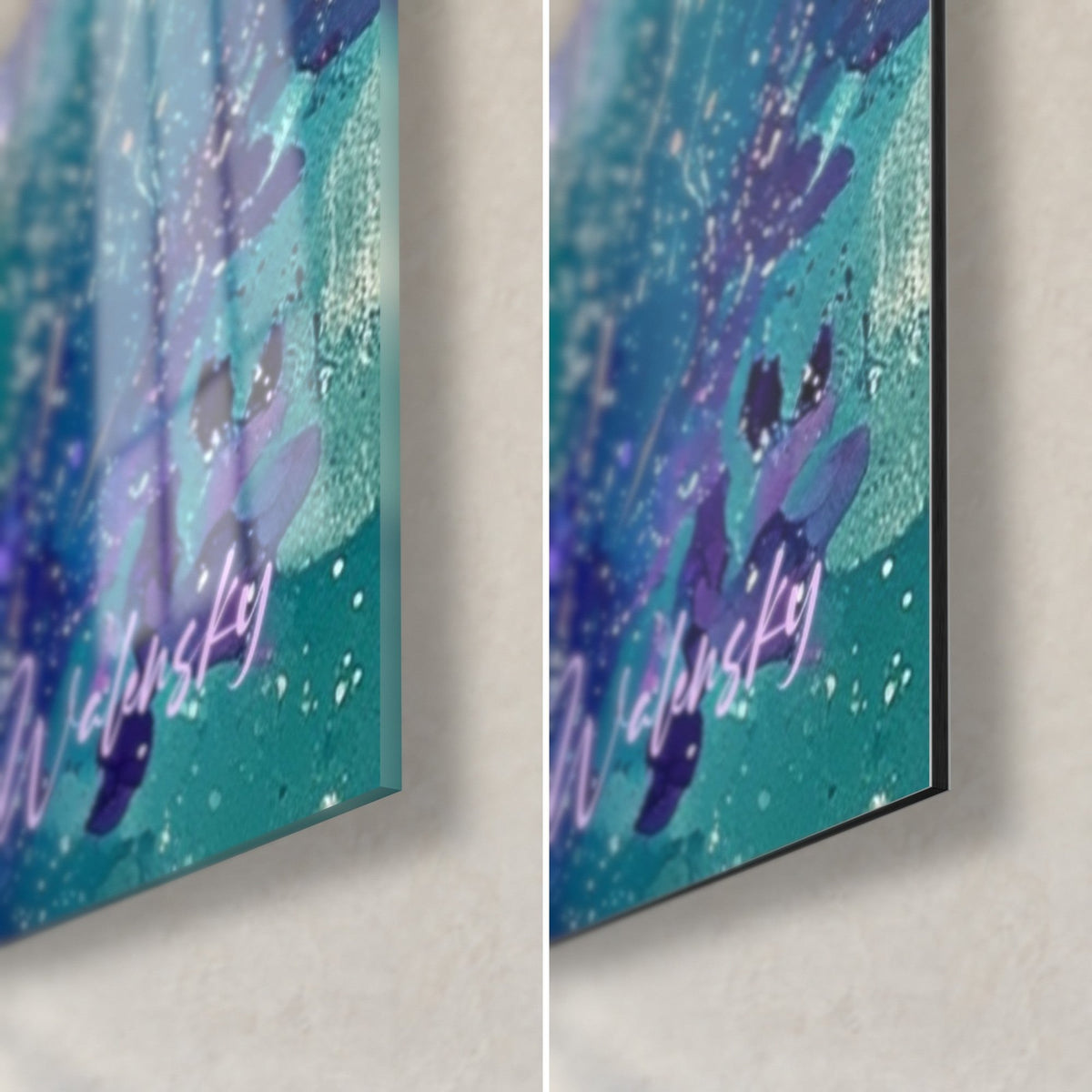 Quadro di lavanda ad acquerello, angolo in basso a destra: vetro acrilico lucido con riflessi, Dibond in alluminio nero opaco e bordo da 3 mm, tocchi violacei