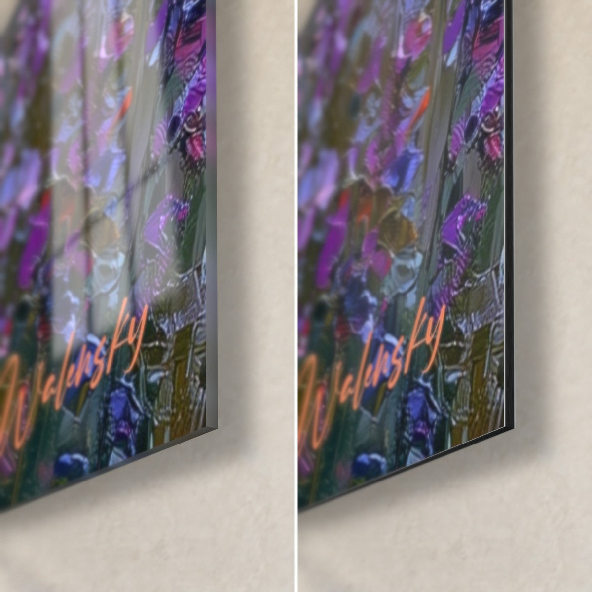 Quadro campo di lavanda in pasta densa, viola e rosa, angolo in basso a destra di vetro lucido e Dibond opaco, spessore 3 mm