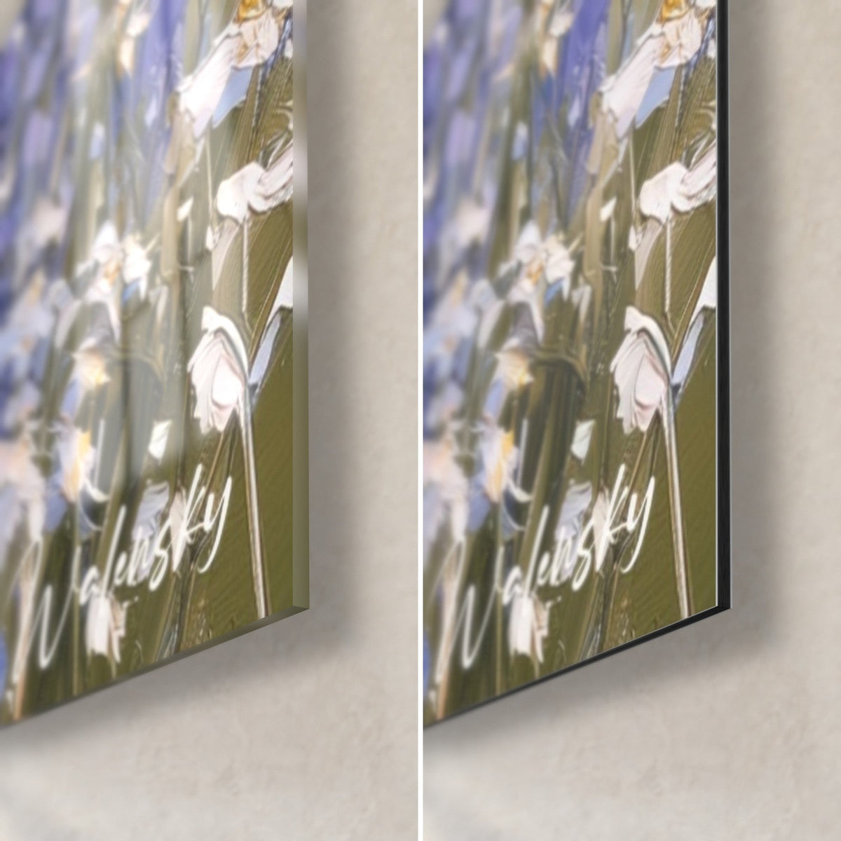 Wall art field of lilac flowers with yellow centers, bottom right corner: glossy glass on the left, matte black Dibond aluminum on the right