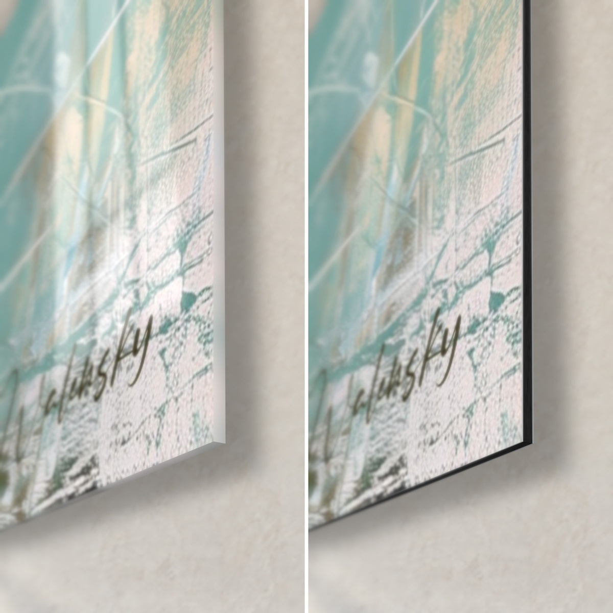 Quadro fiori porpora e lilla schizzati di colore, angolo in basso a destra: vetro acrilico lucido a sinistra, Dibond opaco a destra