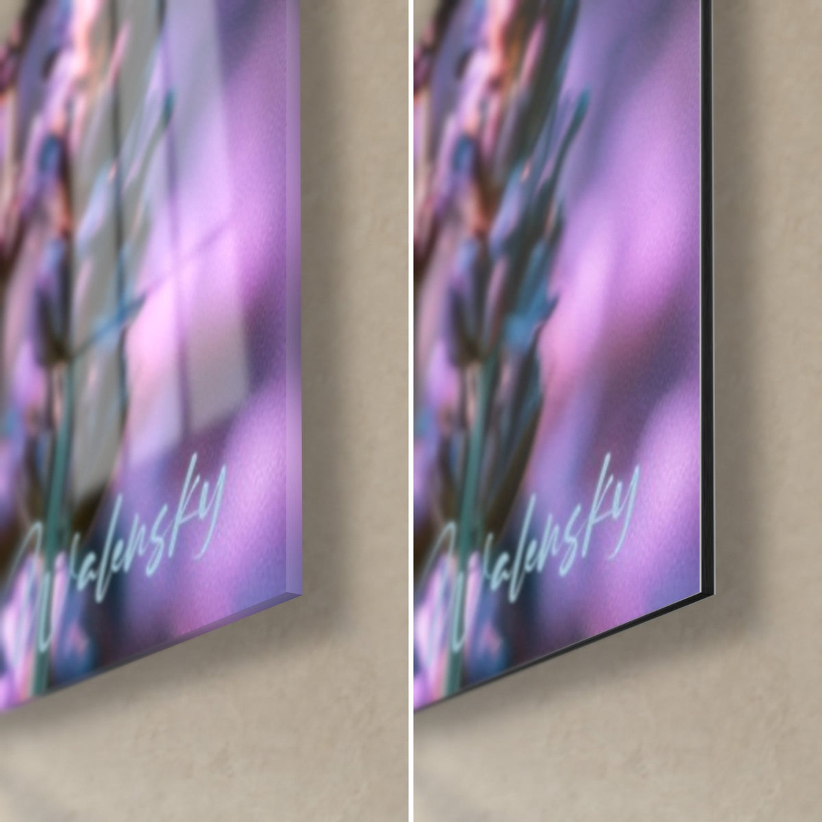 Quadro spighe di lavanda viola, angolo in basso a destra: vetro acrilico lucido con riflessi rosati, alluminio Dibond opaco e bordo nero