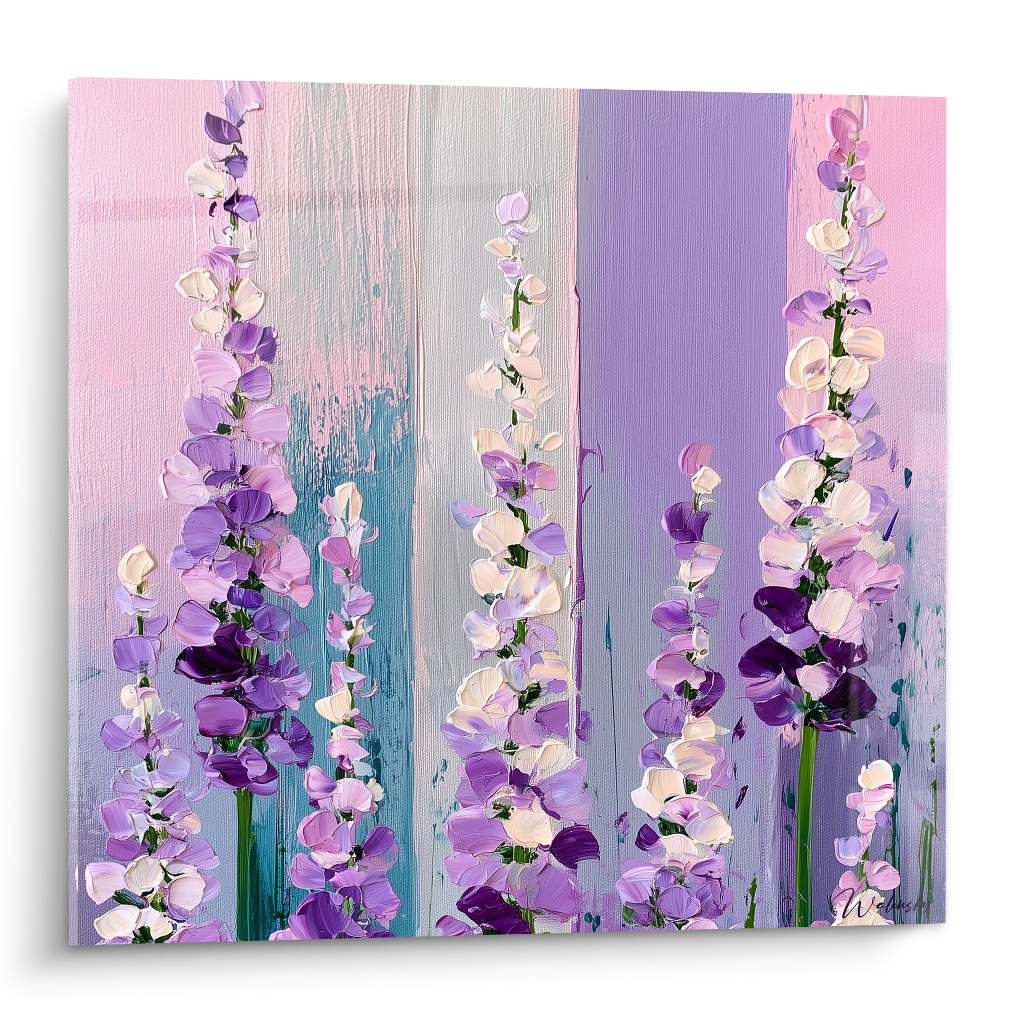 Épis floraux mauve et rose poudré peints en empâtement sur fond turquoise et lilas