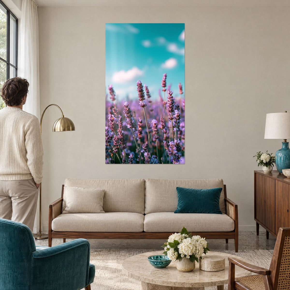 Wall art lavender in bloom under a turquoise sky, purple spikes and white clouds, above a sofa in a bright living room