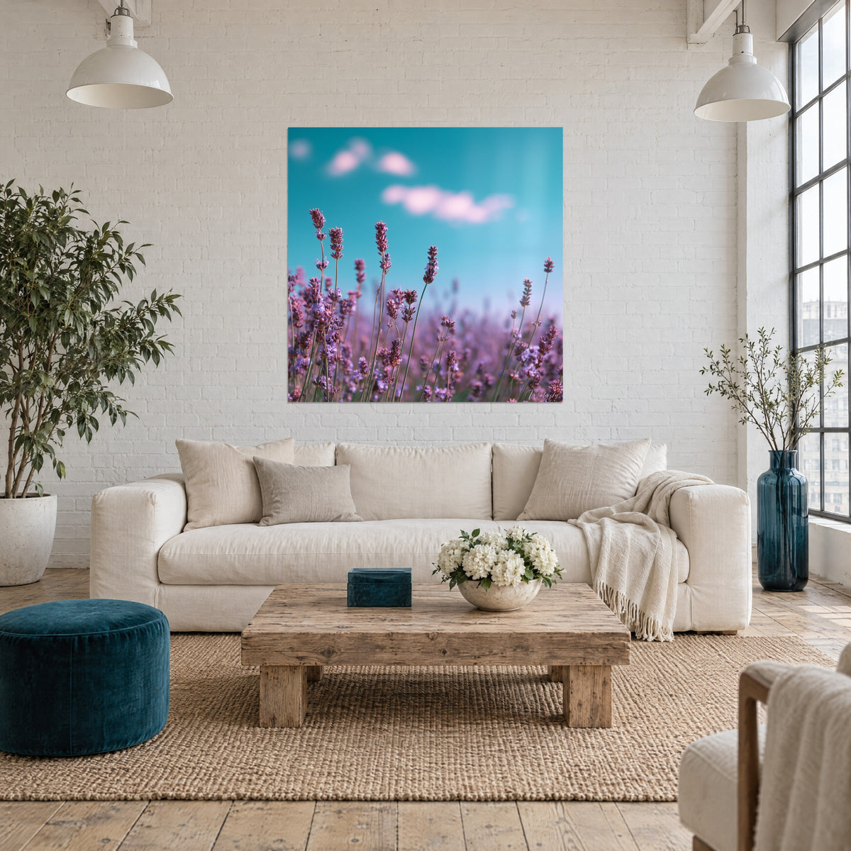 Cuadro espigas de lavanda violeta erguidas bajo un cielo turquesa y nubes rosas, sobre un sofá en un salón luminoso