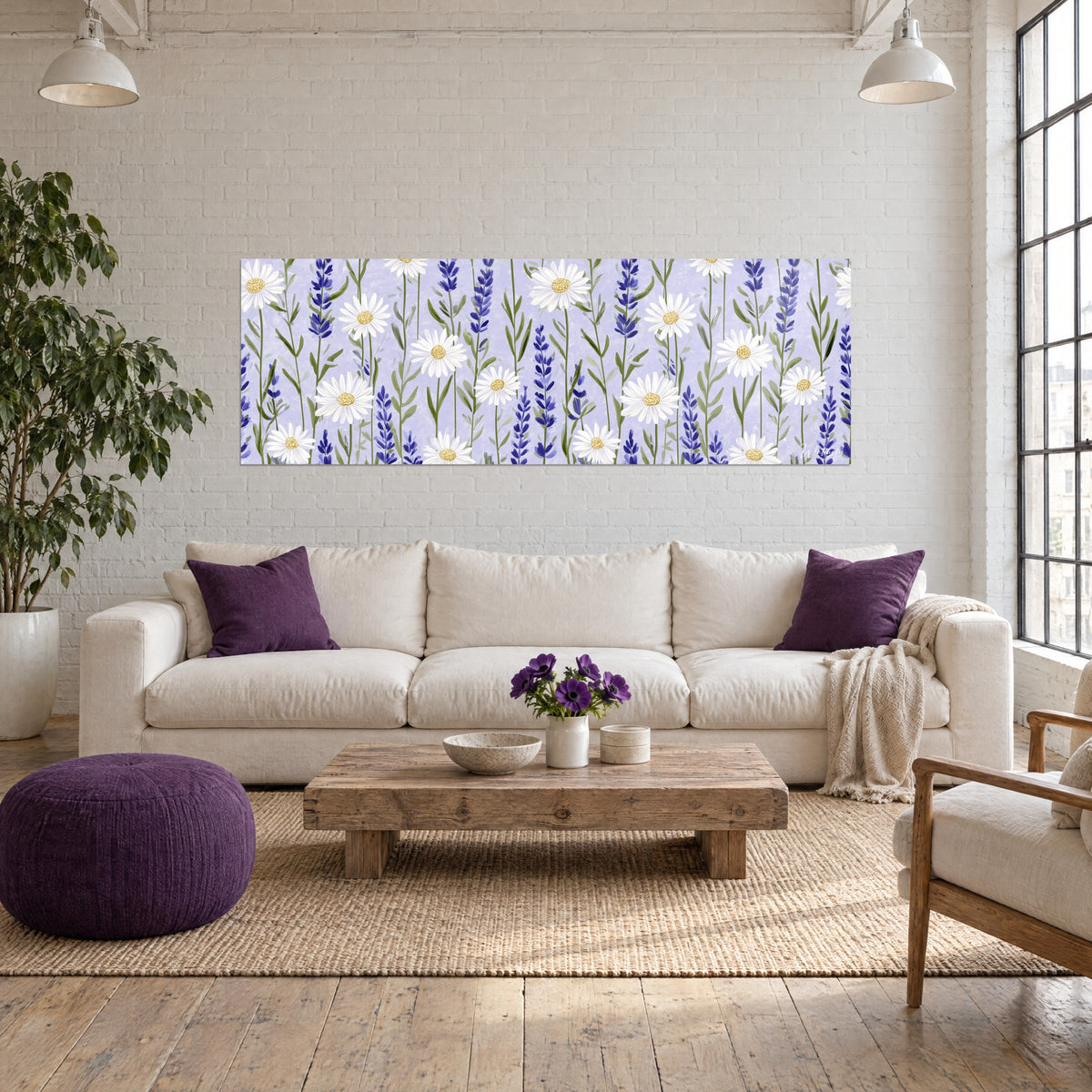 Cuadro de margaritas blancas con corazón dorado y espigas de lavanda índigo sobre fondo lila, pared de ladrillo blanco, encima de un sofá en un salón luminoso