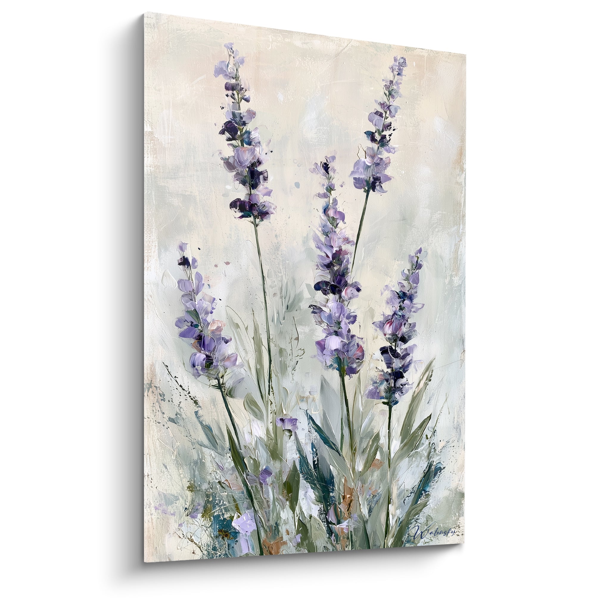 Épis de lavande violette peints au couteau sur fond beige texturé, style pictural libre