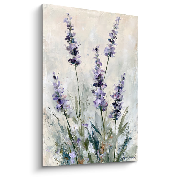 Tableau Épis violets et ivoire aux tiges élancées - Feuilles vertes graphiques - Edition Lavande