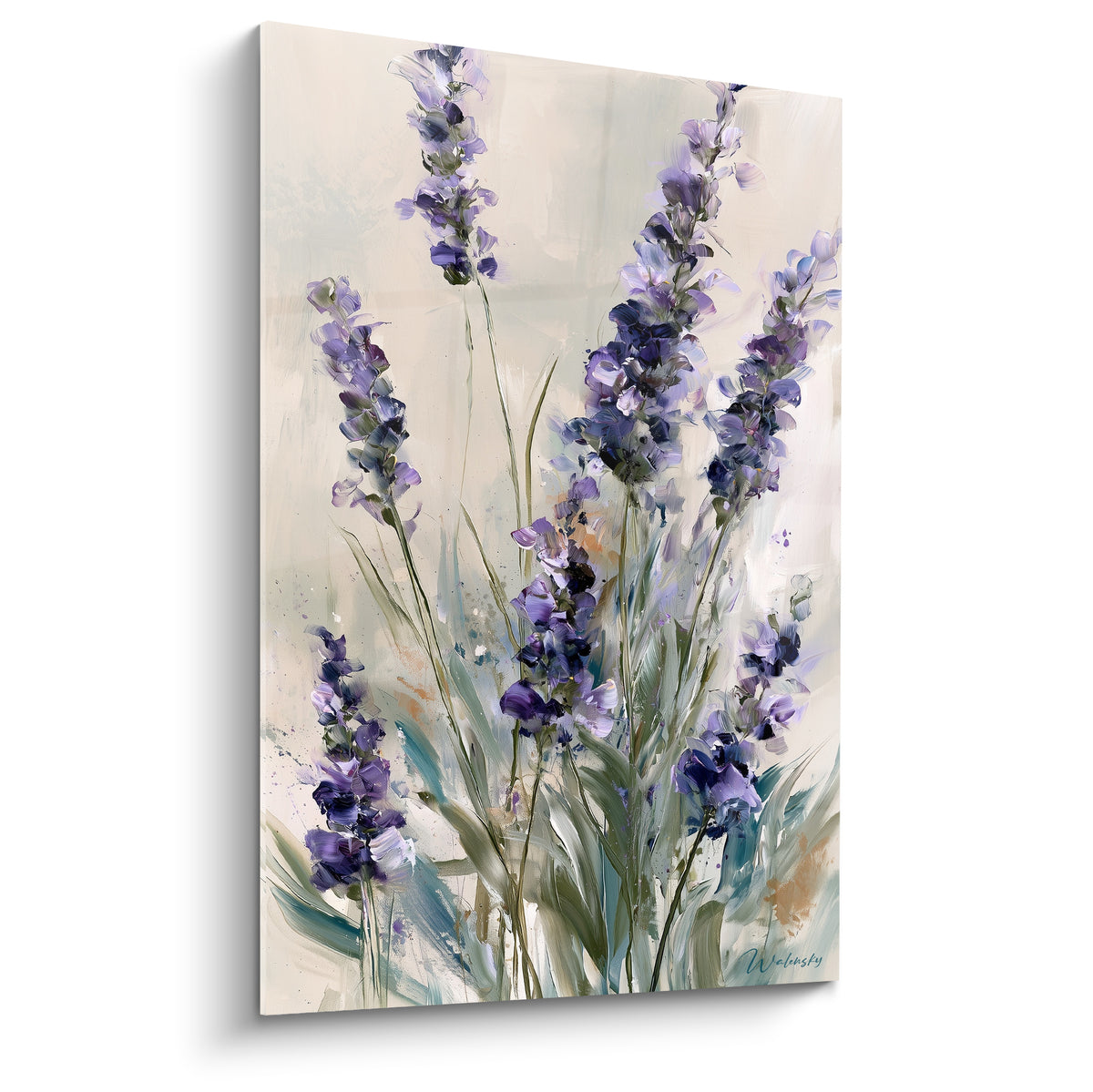 Épis de lavande violette et mauve peints sur fond ivoire aux touches vertes