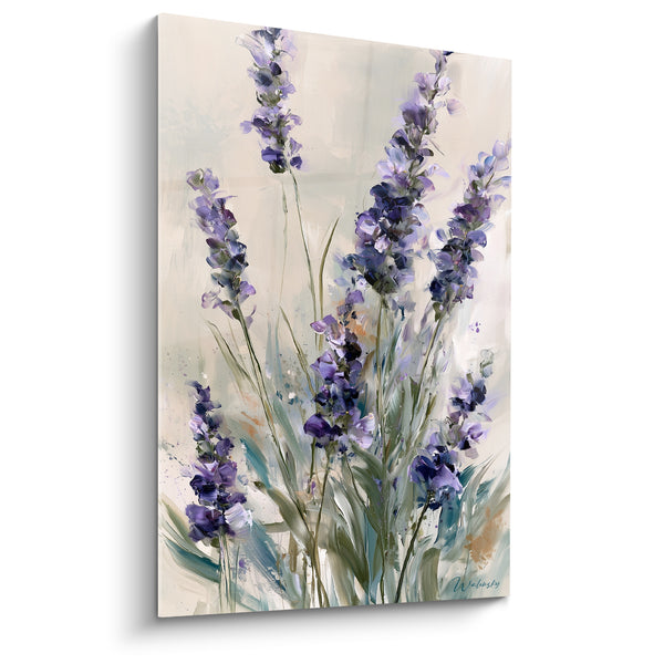 Tableau Épis violets et ivoire aux tiges vertes - Touches d'orange discrètes - Edition Lavande