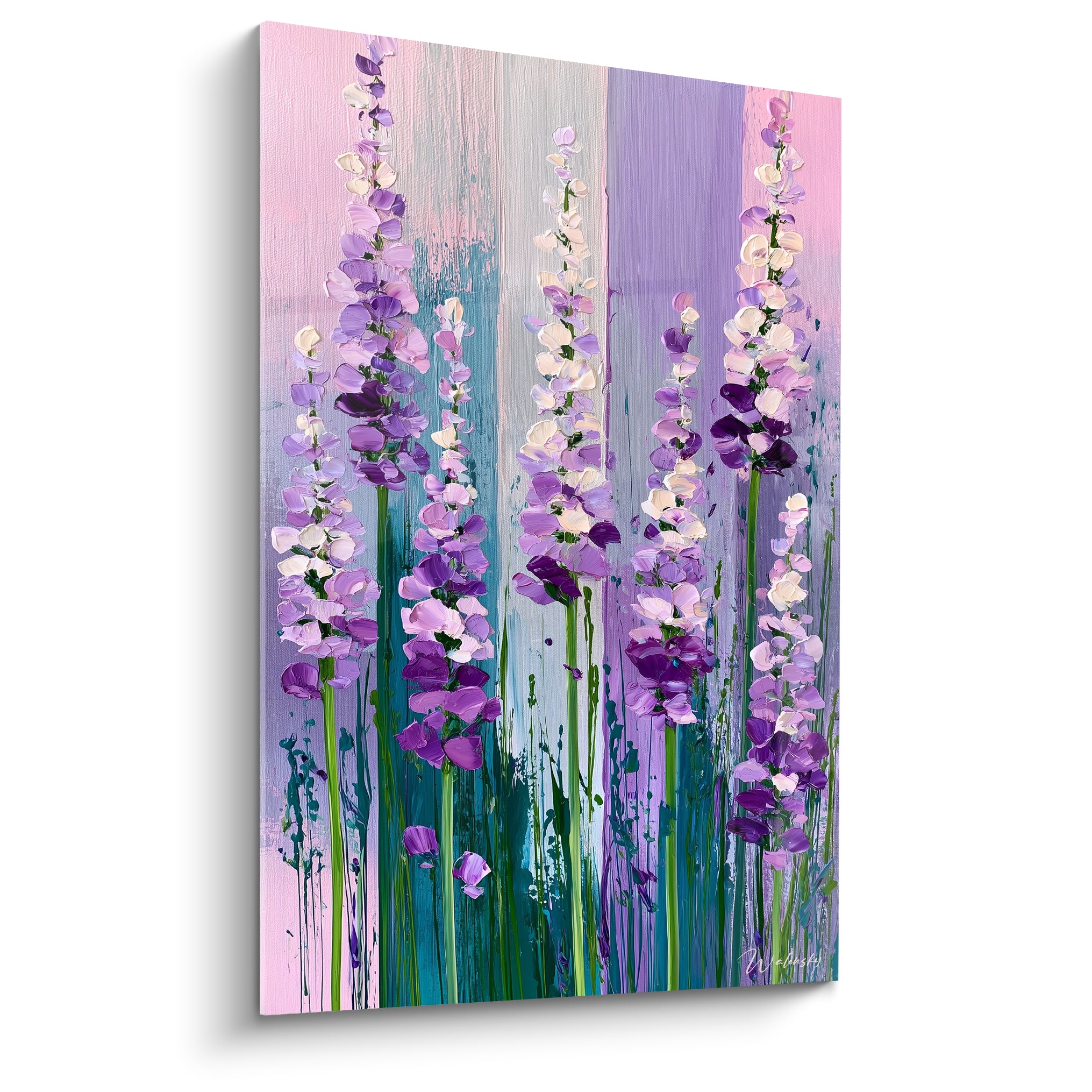 Épis de lavande violets et roses aux touches blanches sur fond turquoise dégradé