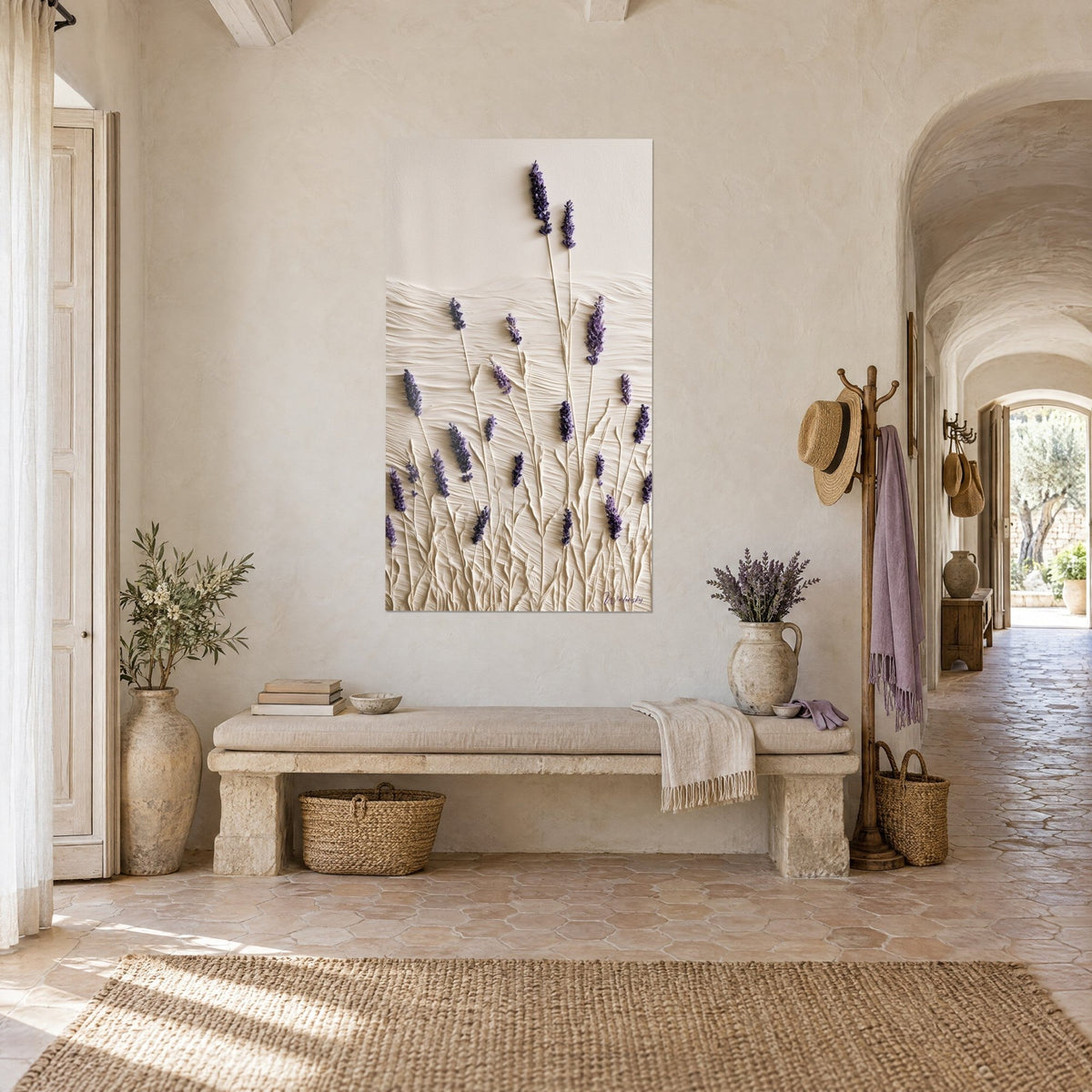 Wall art with sculpted lavender in textured paste, plum spikes on a wavy cream background, hung in the vaulted entrance of a Provençal farmhouse